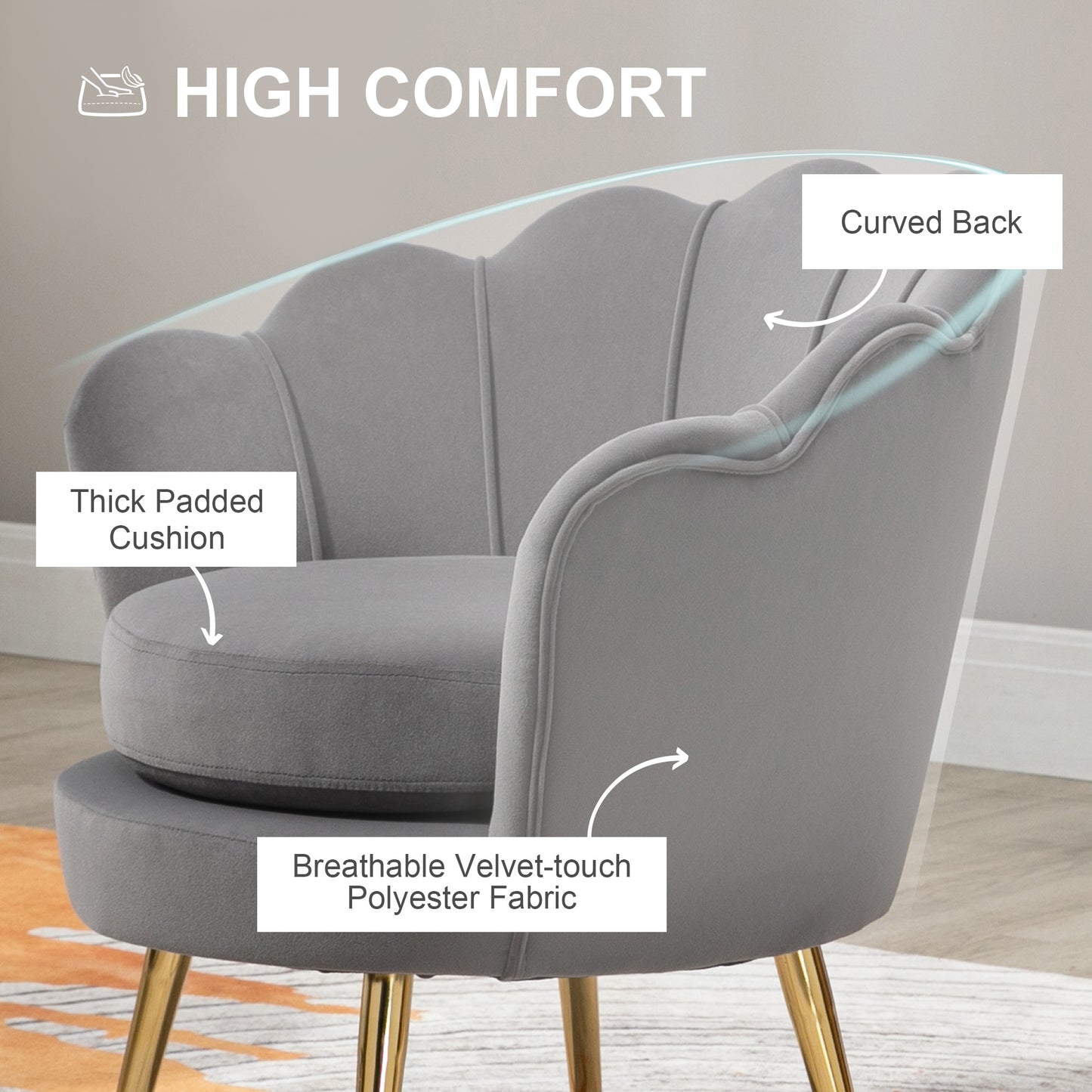 Modern Velvet Accent Chair with Lotus Backrest and Gold Legs, Grey