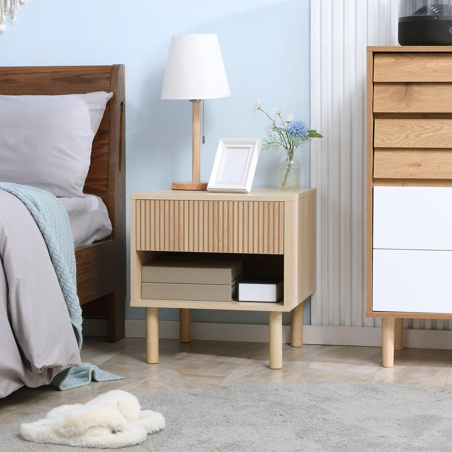 Modern Bedside Table with Drawer and Open Shelf, Natural Wood