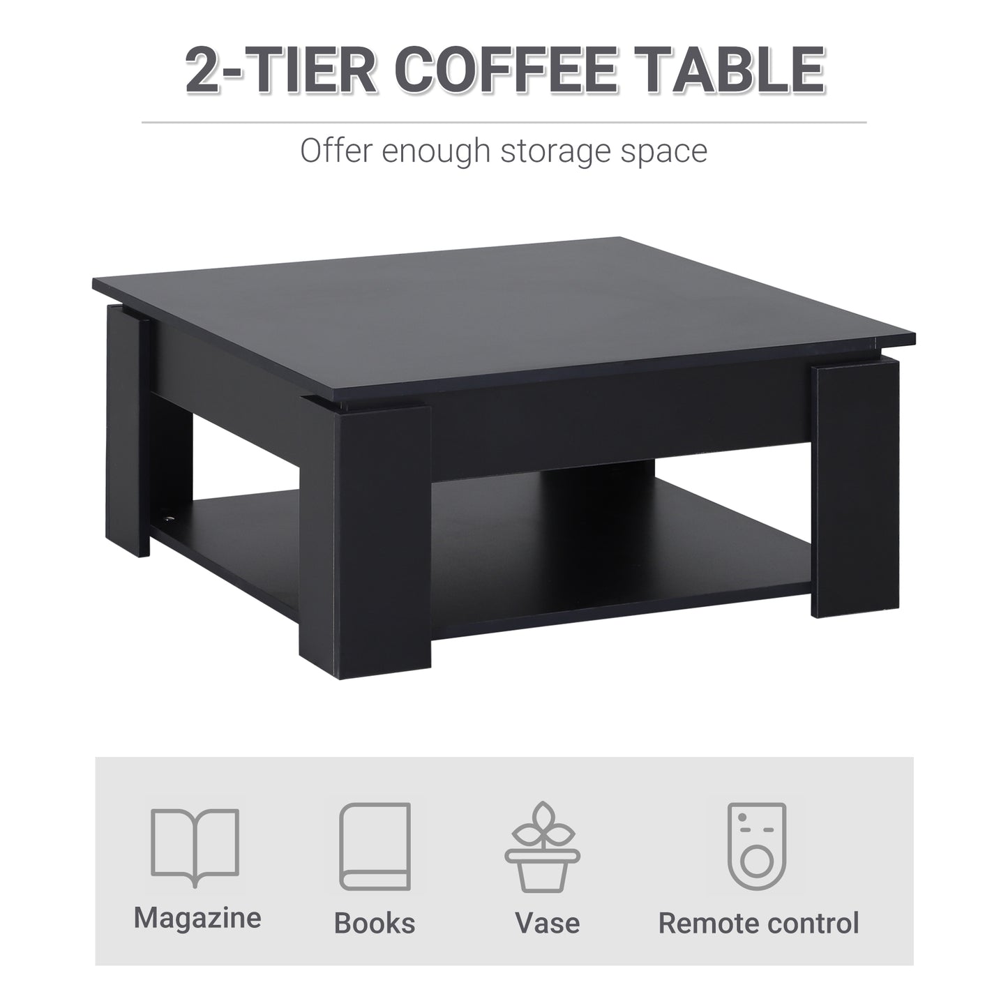 Modern Square Coffee Table with Storage Shelf - Black