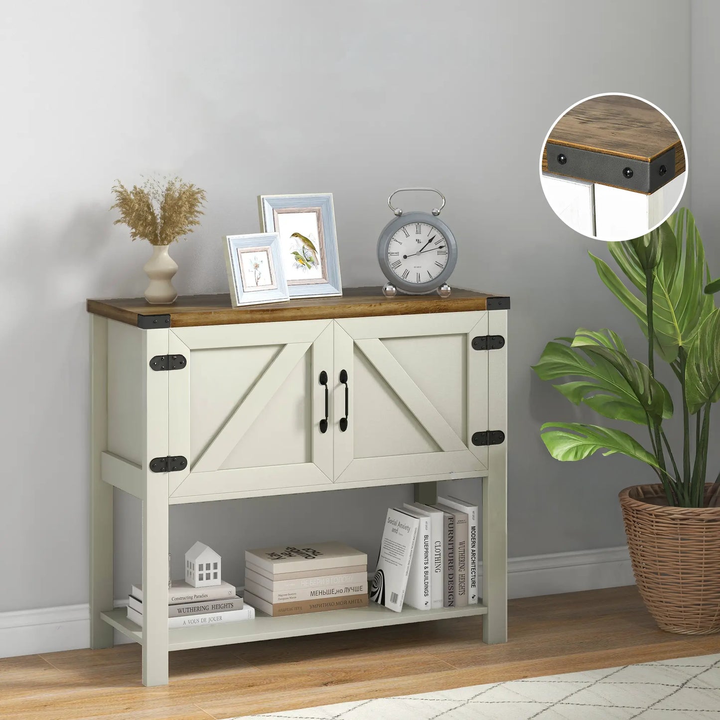 35" Farmhouse Storage Cabinet with Barn Doors and Bottom Shelf, White