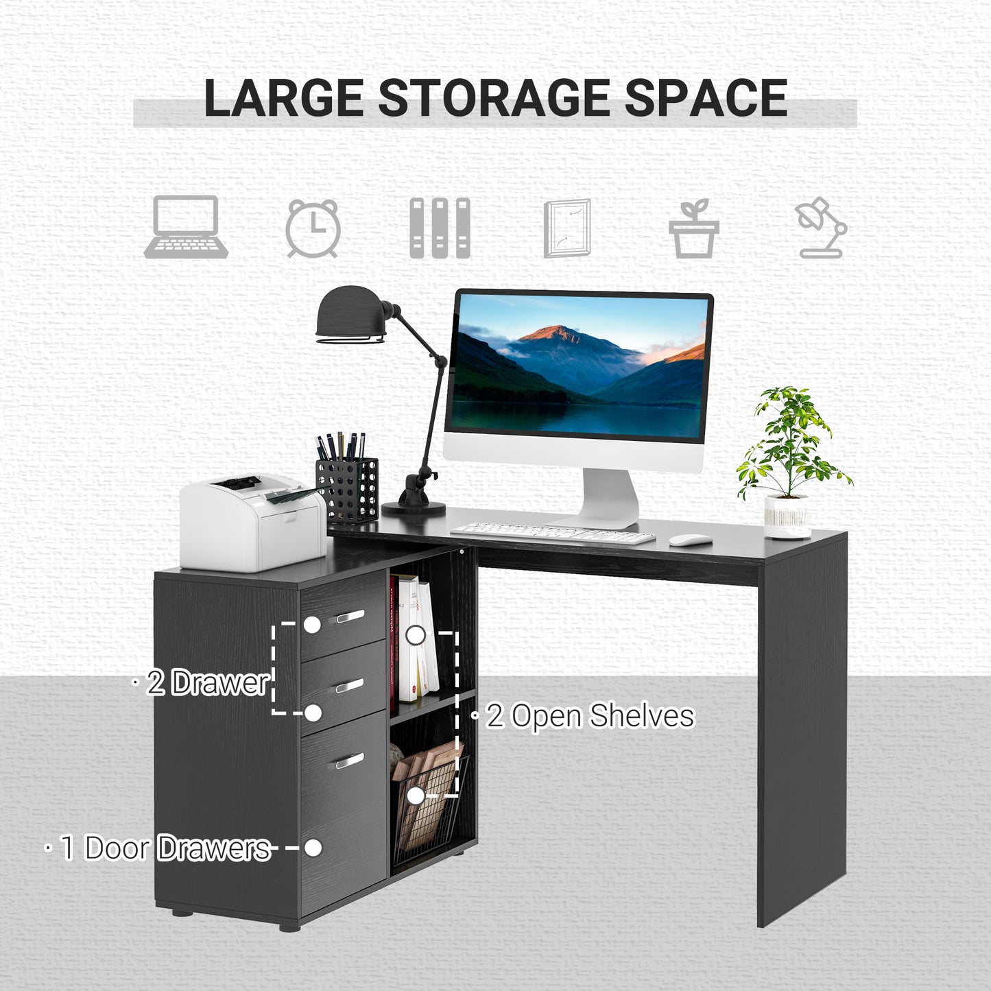 Black L-Shaped Computer Desk with Storage for Home Office
