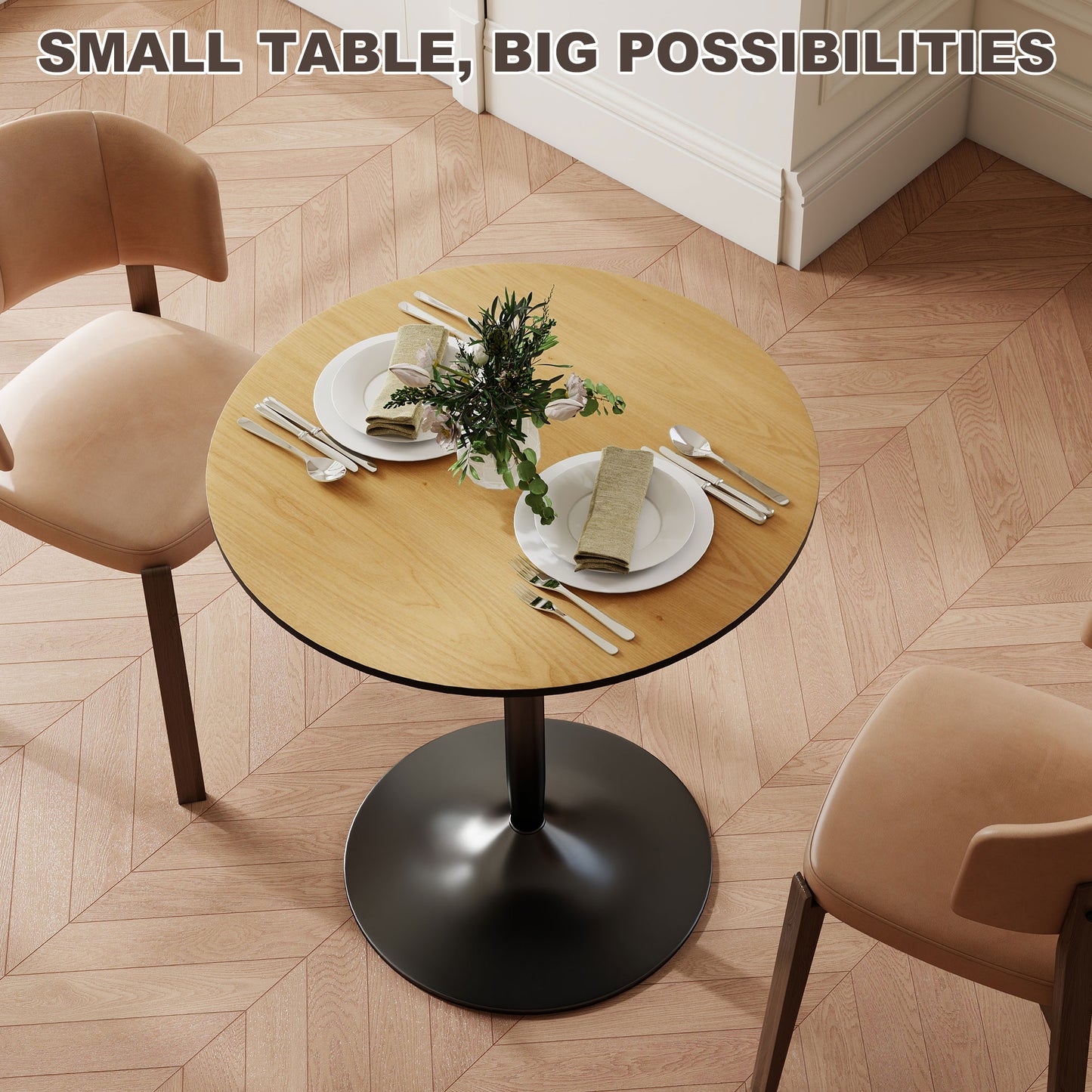27" Round Dining Table with Wood Veneer and Steel Pedestal Base, Natural