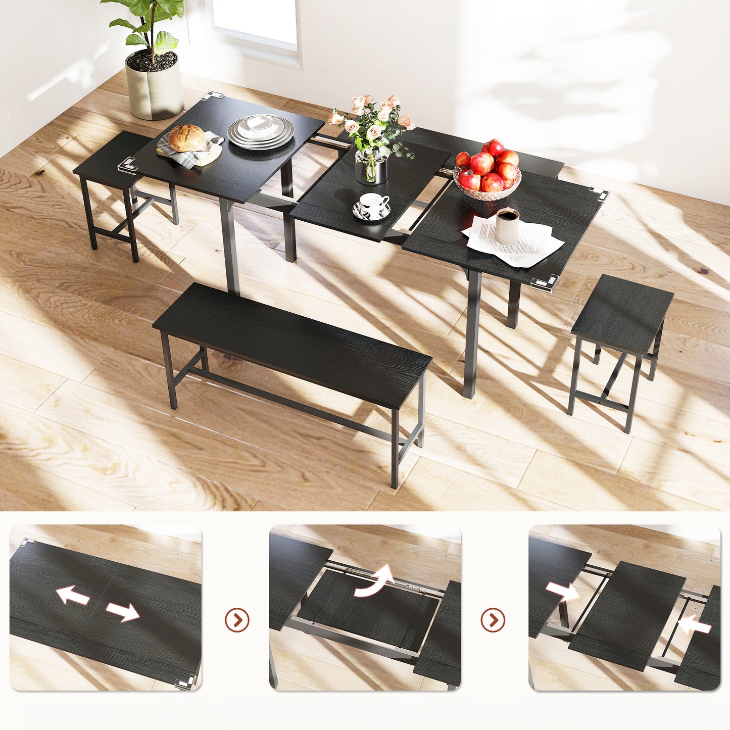 5-Piece Extendable Dining Set with Benches and Stools - Black
