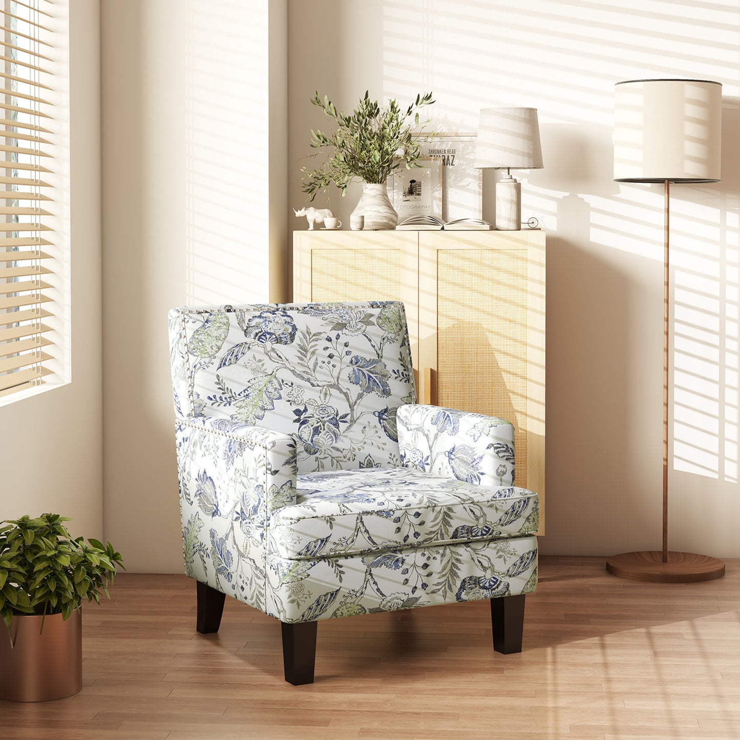 Upholstered Armchair, Mid-Century Accent Chair with Floral Pattern, Multicolor
