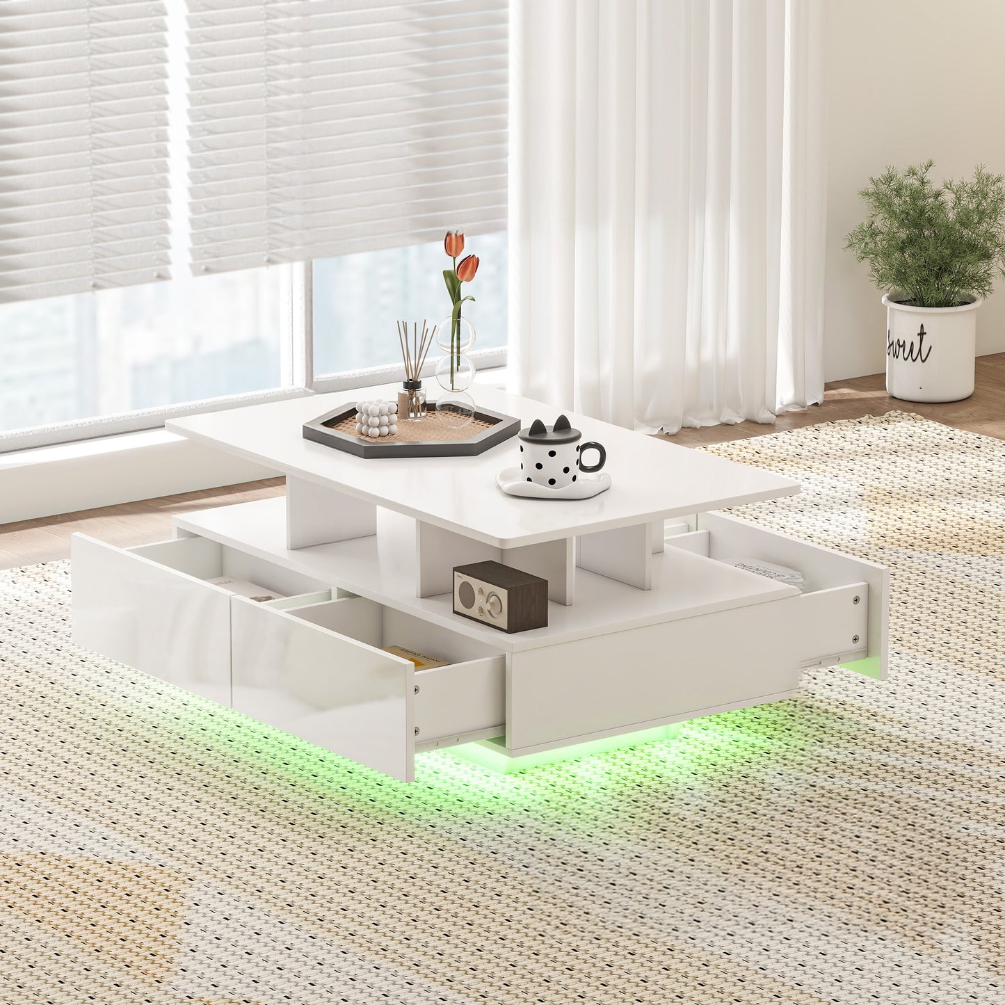 RGB LED Coffee Table with 4 Drawers, High Gloss White