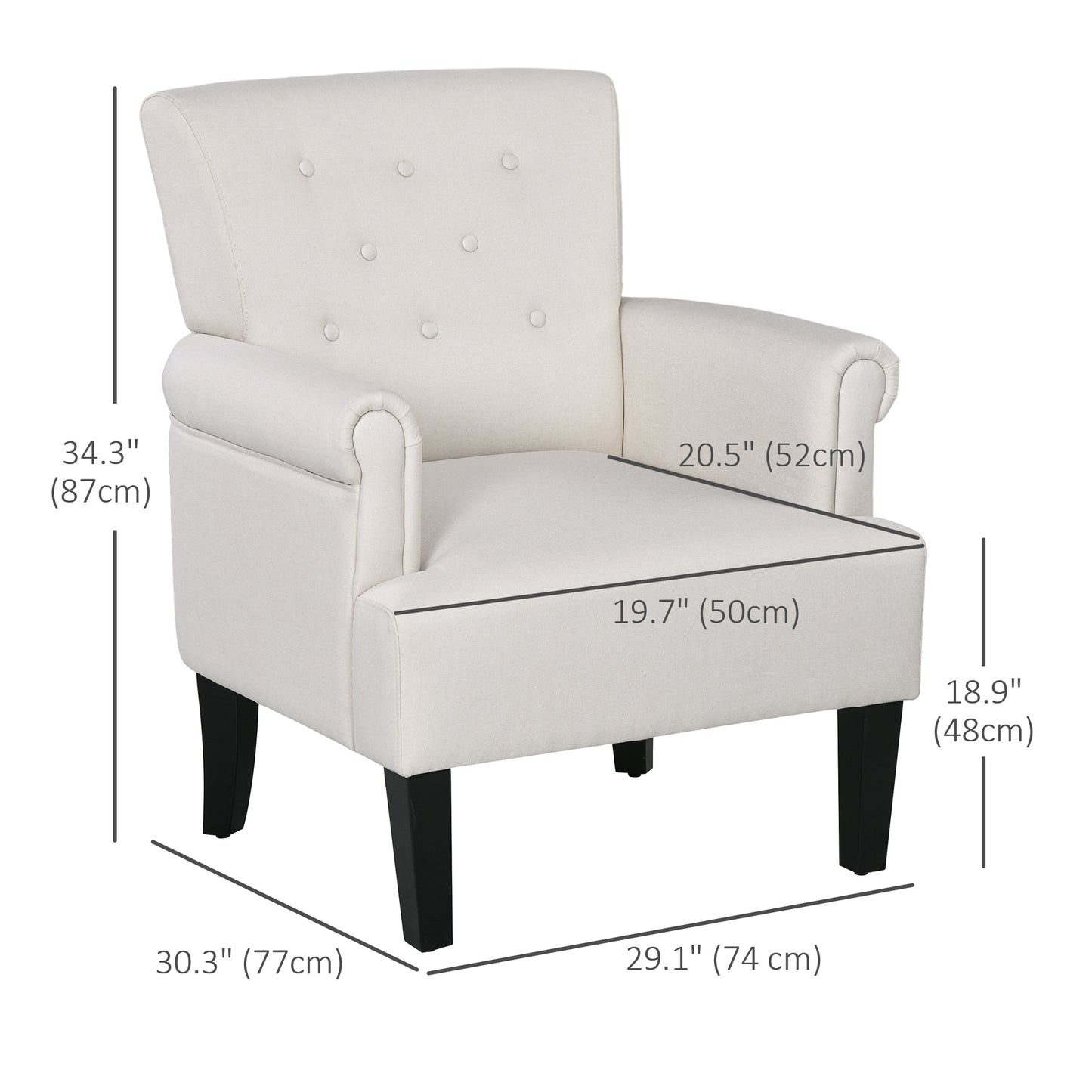 Fabric Accent Chair with Wood Legs and Rolled Arms, Cream White