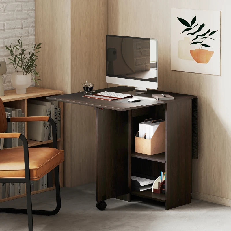 Folding Dining Table with Drawer and Storage Shelves - Dark Brown