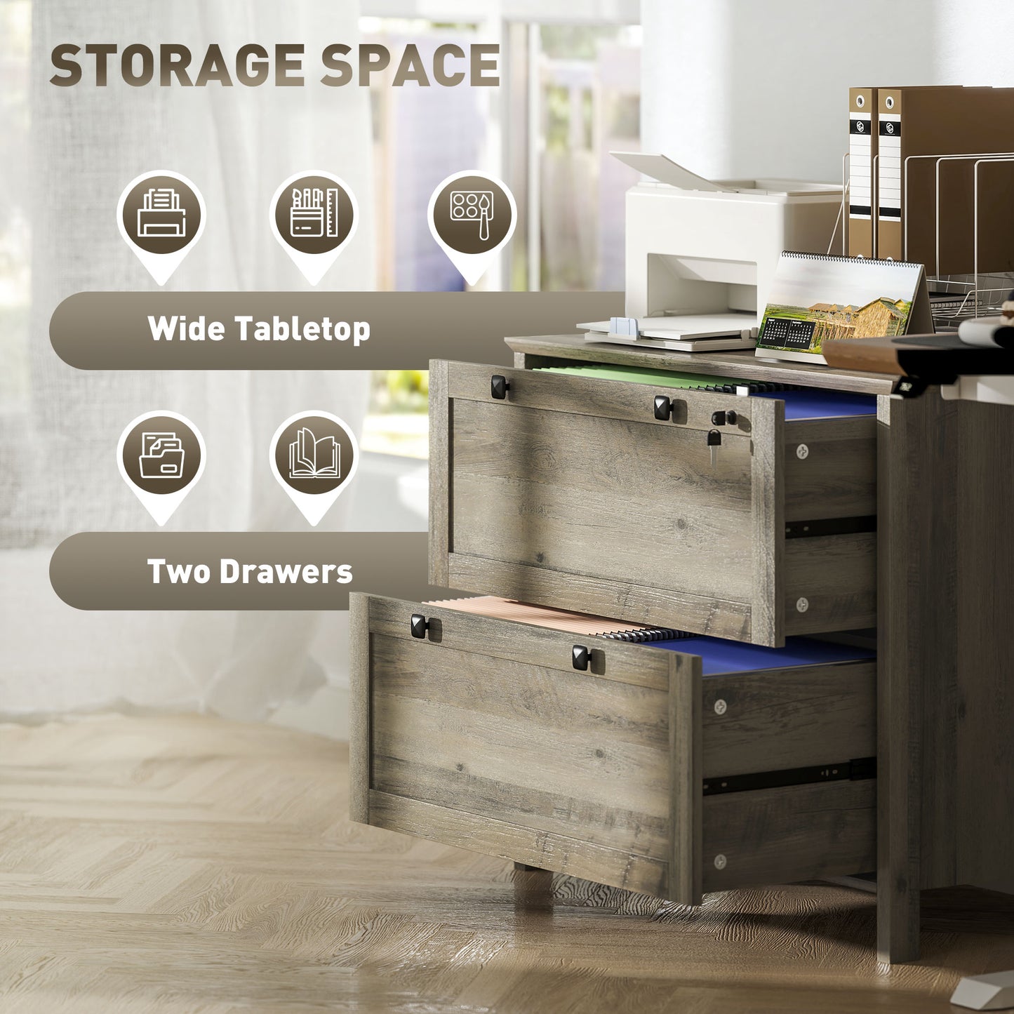 2-Drawer Wooden File Cabinet with Lock - Grey