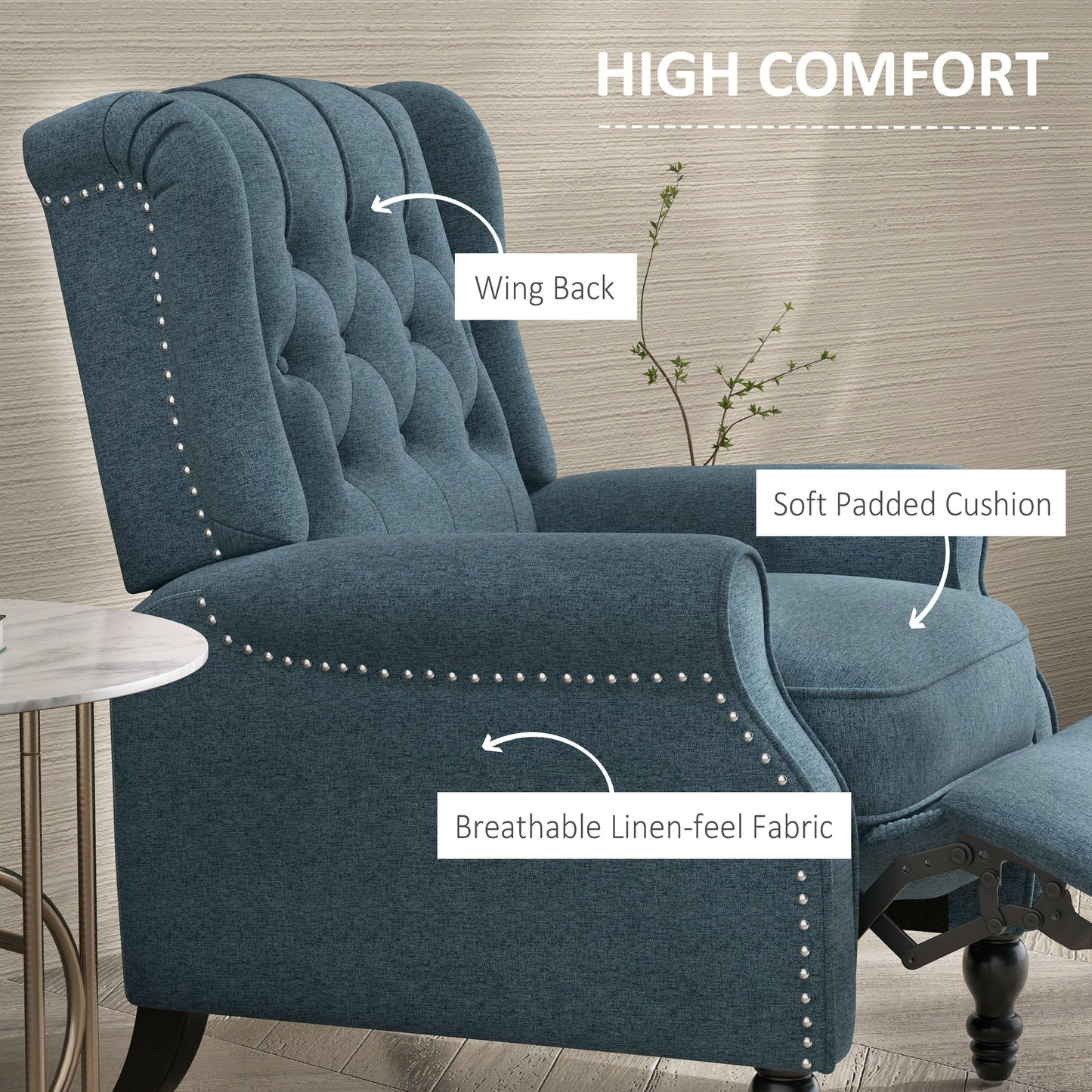 Wingback Reclining Chair with Button Tufting, Blue