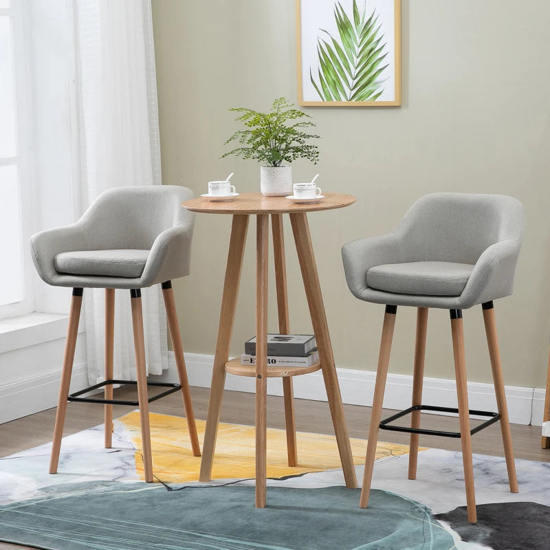 Bar Stools with Linen Fabric and Beech Wood Legs, Beige (Set of 2)
