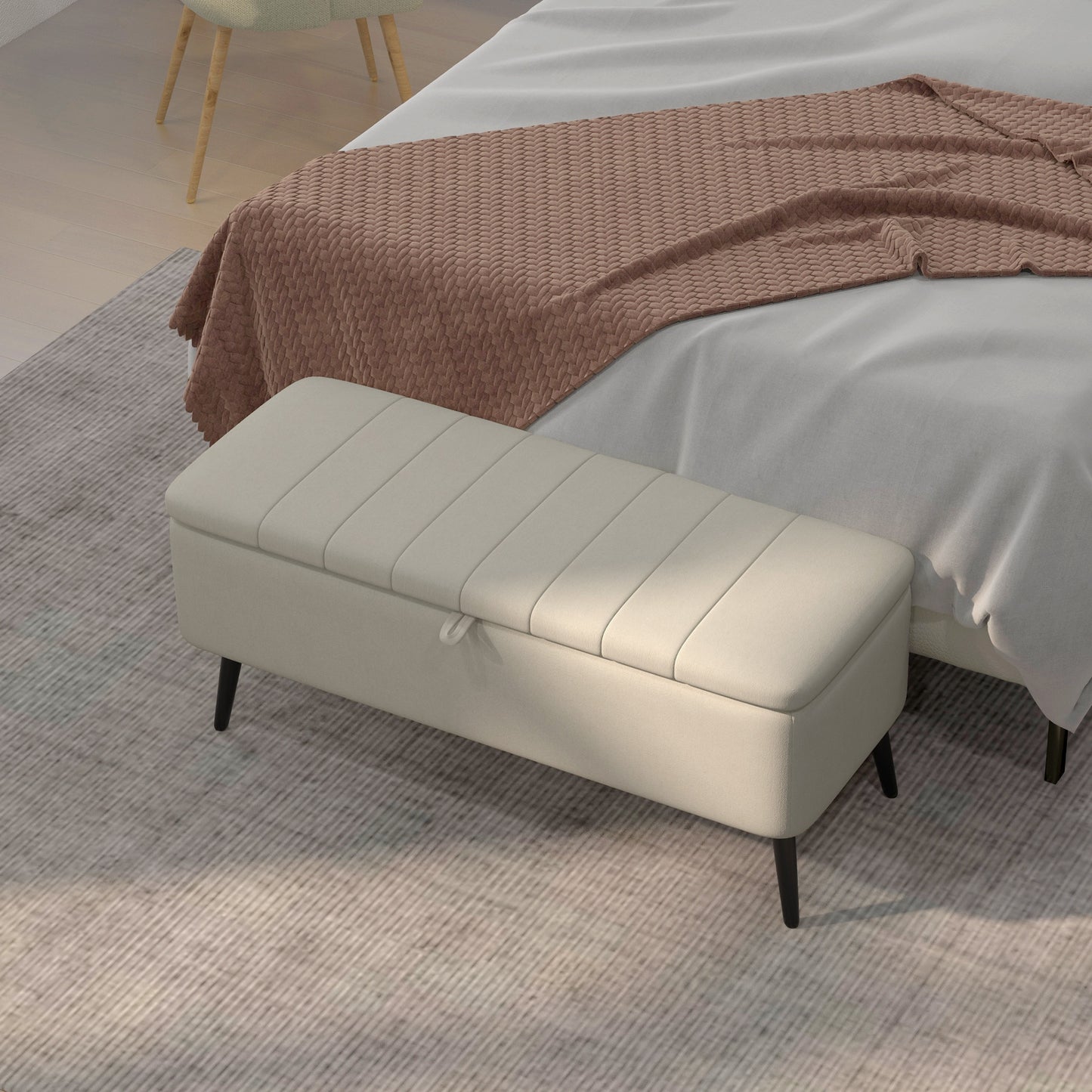 40" Linen Storage Ottoman Bench with Steel Legs, Cream White