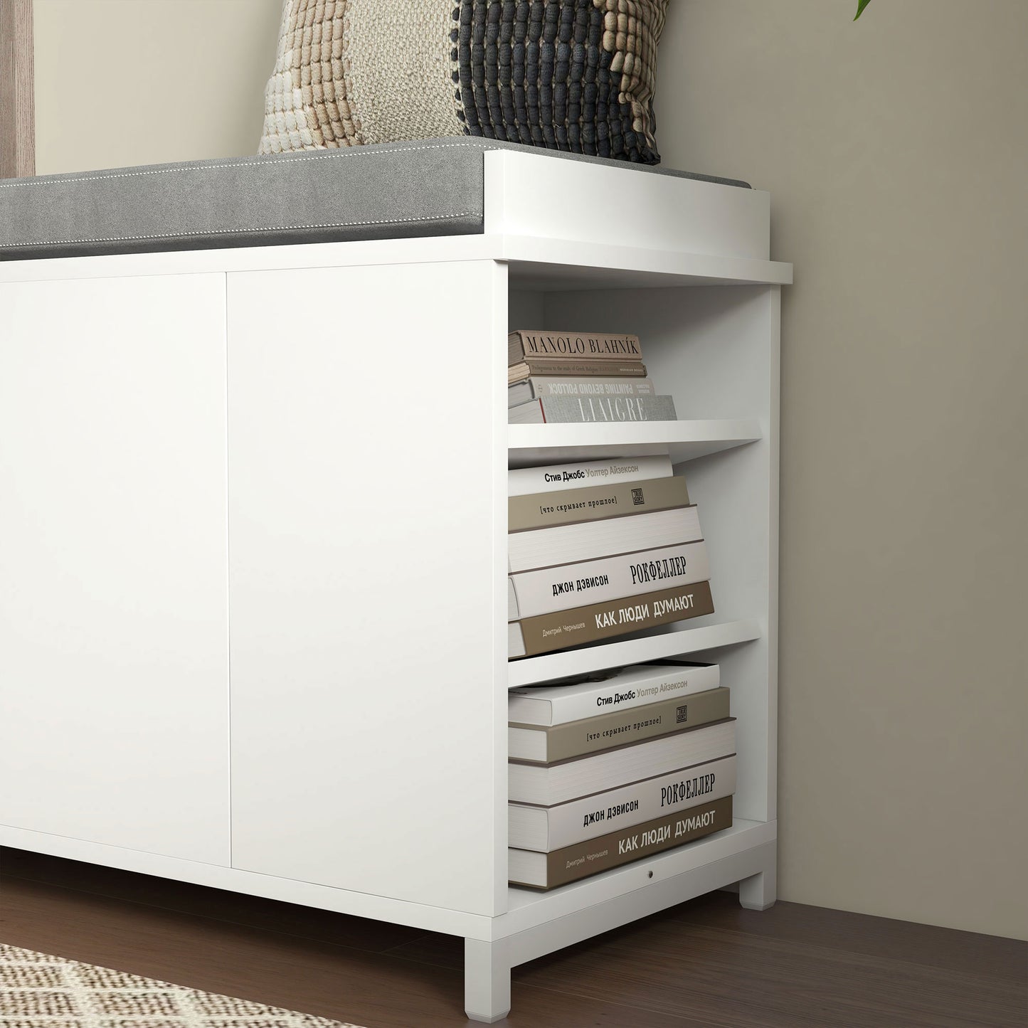 Upholstered Shoe Storage Bench with Flip Drawer and Side Rack for 6 Pairs, White