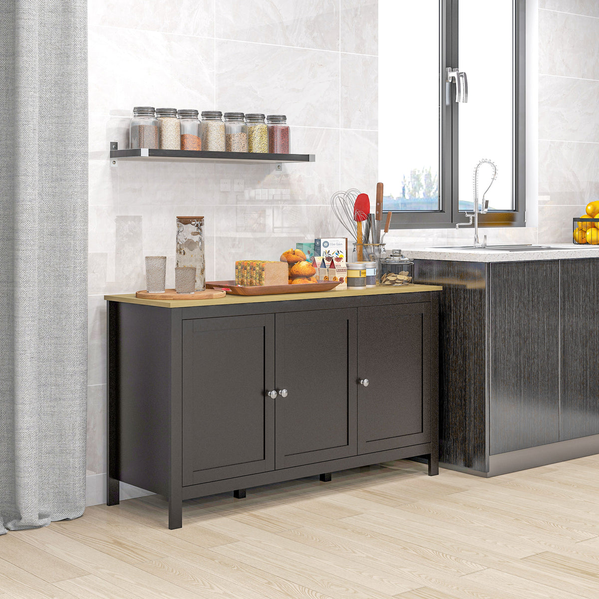 Sideboard Buffet Cabinet with Adjustable Shelves, Black and Natural