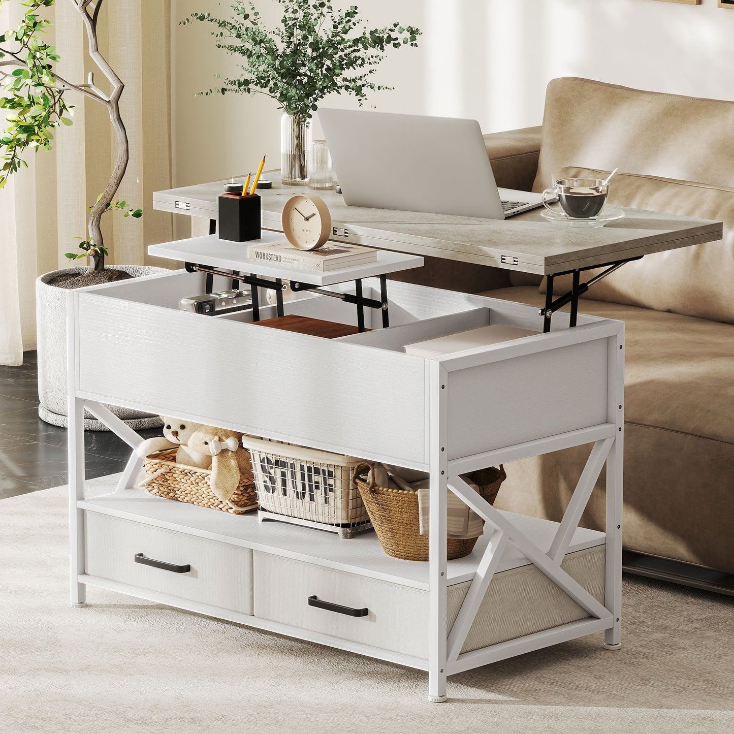 Modern Lift-Top Coffee Table with Storage, White