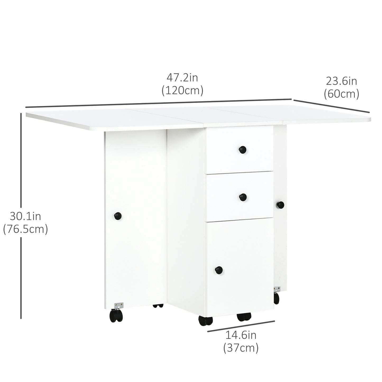 Rolling Dining Table with Storage Drawers and Cabinet - White