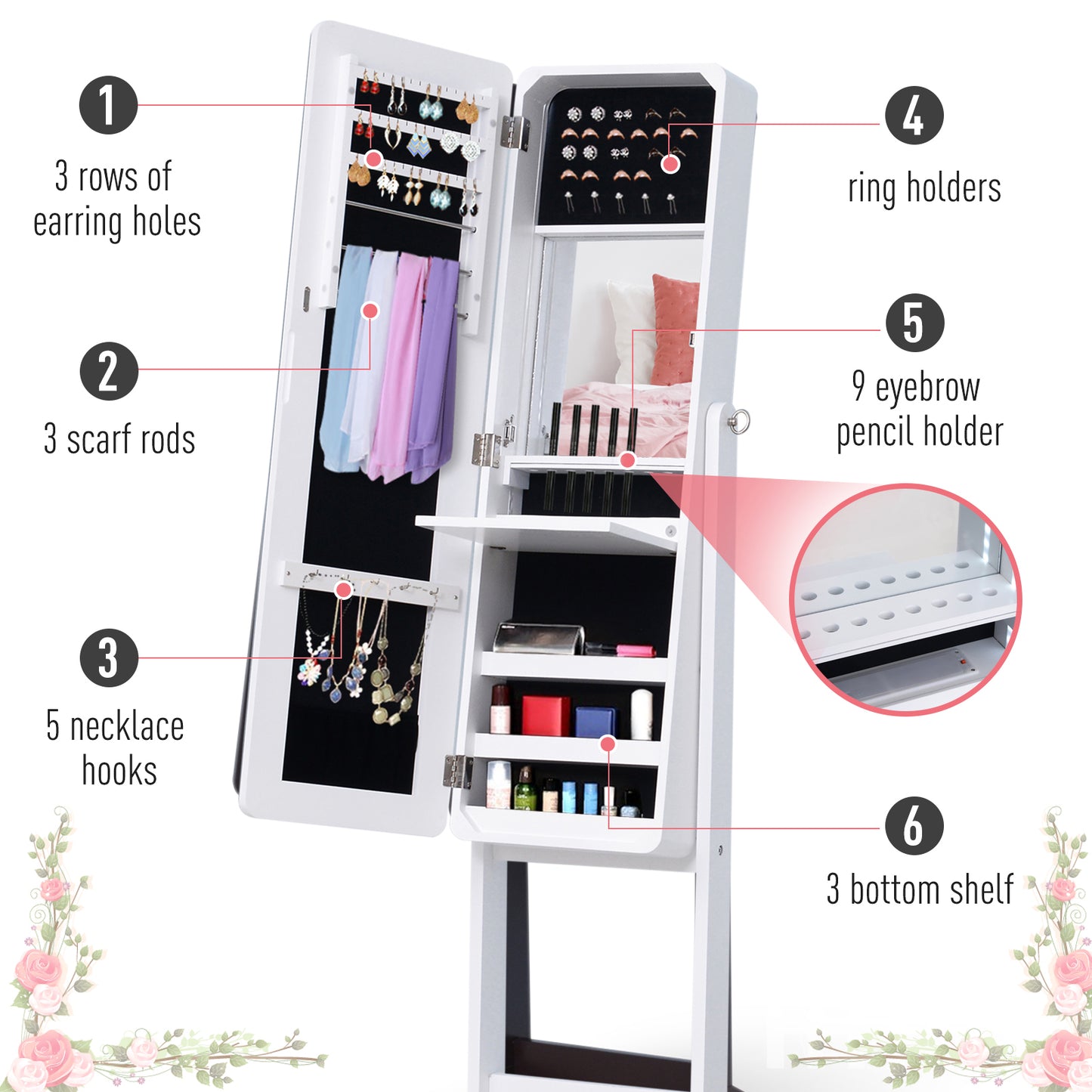 Freestanding LED Lighted Jewelry Armoire with Full-Length Mirror, White