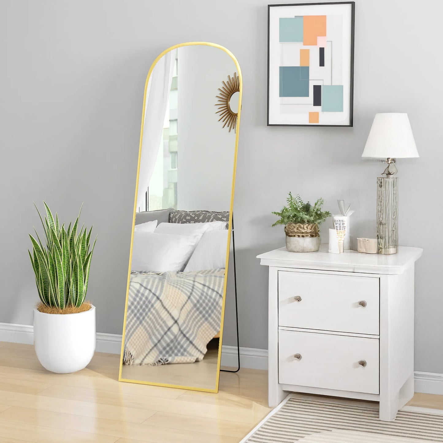 Arched Full Length Mirror with Gold Frame, 64" x 20", Versatile Standing or Wall Mount