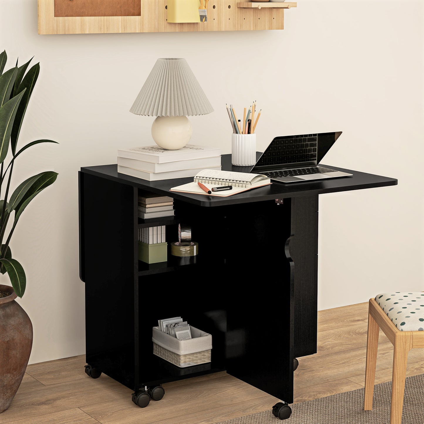 Extendable Drop Leaf Dining Table with Storage - Black Wood Grain