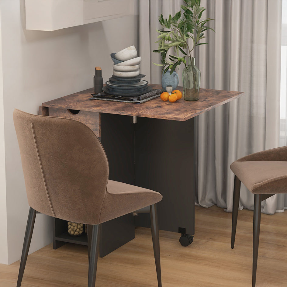 Folding Dining Table with Drawer and Storage Shelves - Rustic Brown