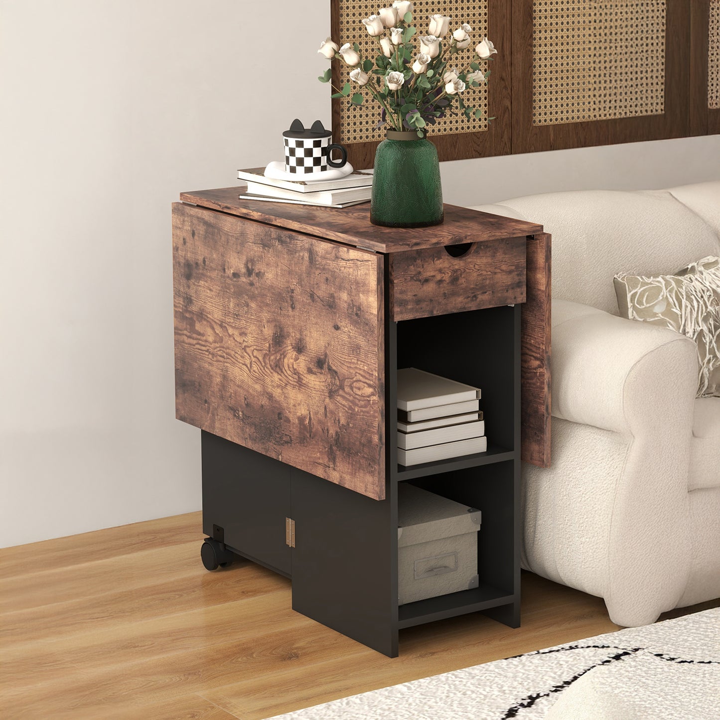 Folding Dining Table with Drawer and Storage Shelves - Rustic Brown