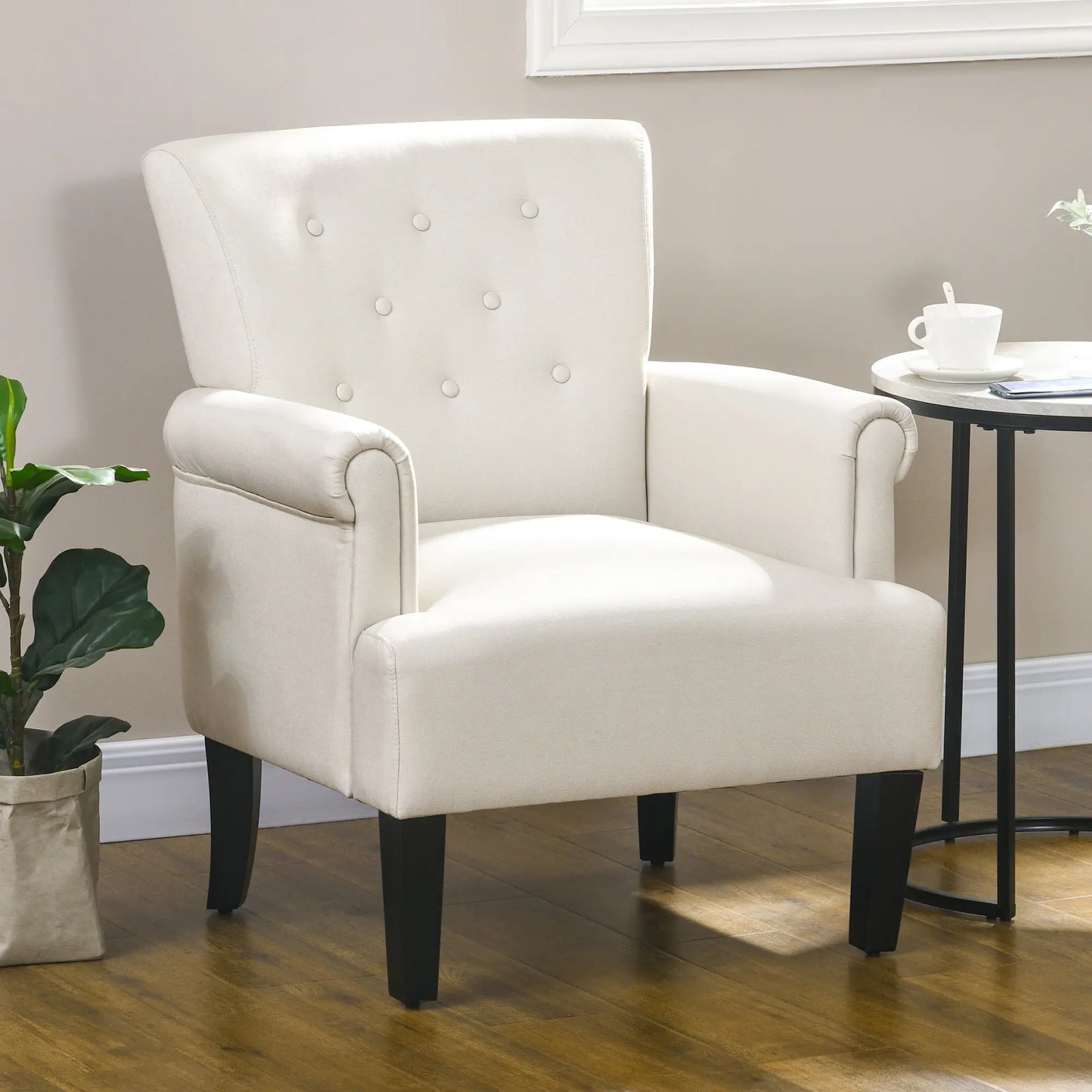 Fabric Accent Chair with Wood Legs and Rolled Arms, Cream White