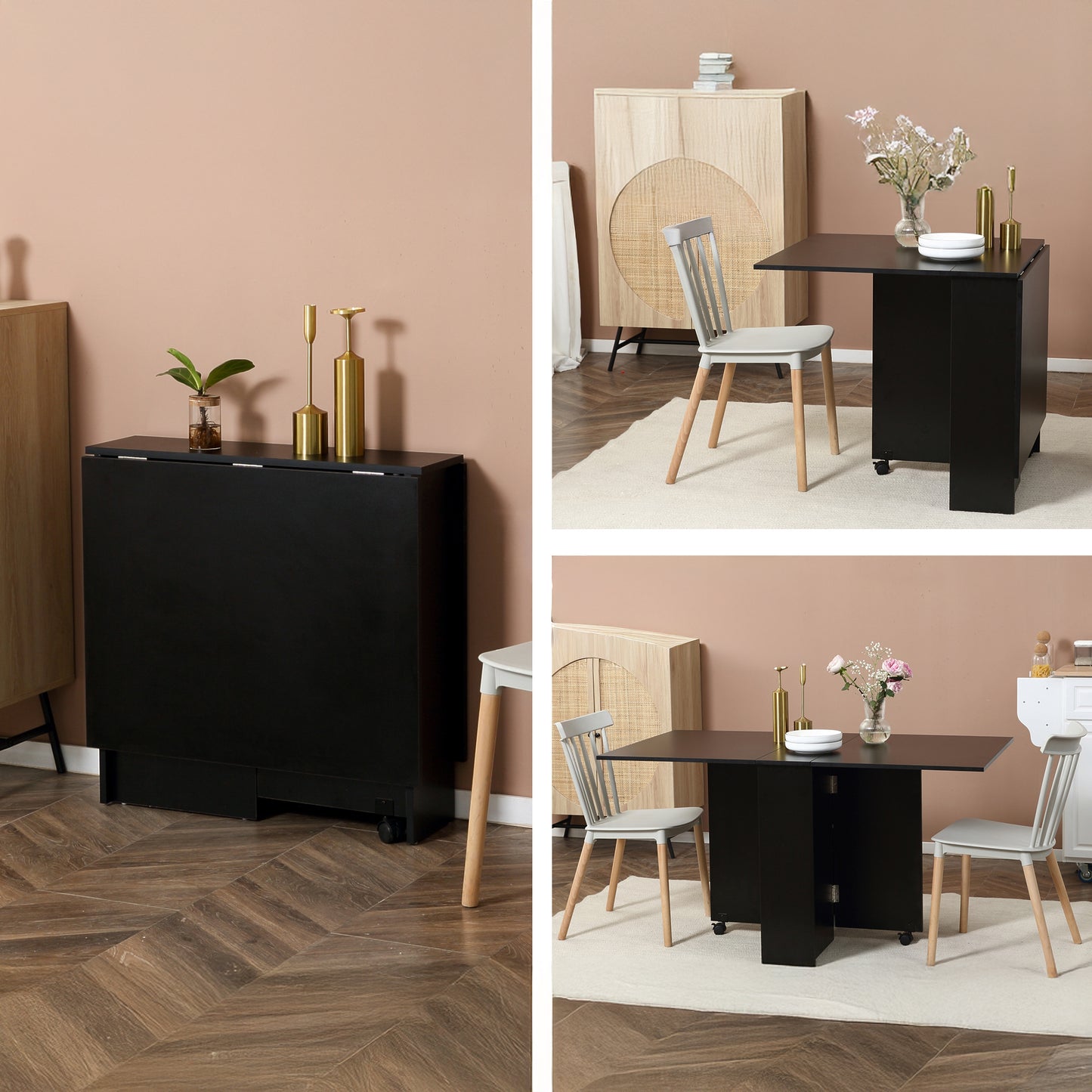 Extendable Dining Table with Storage Shelves and Rolling Wheels - Black