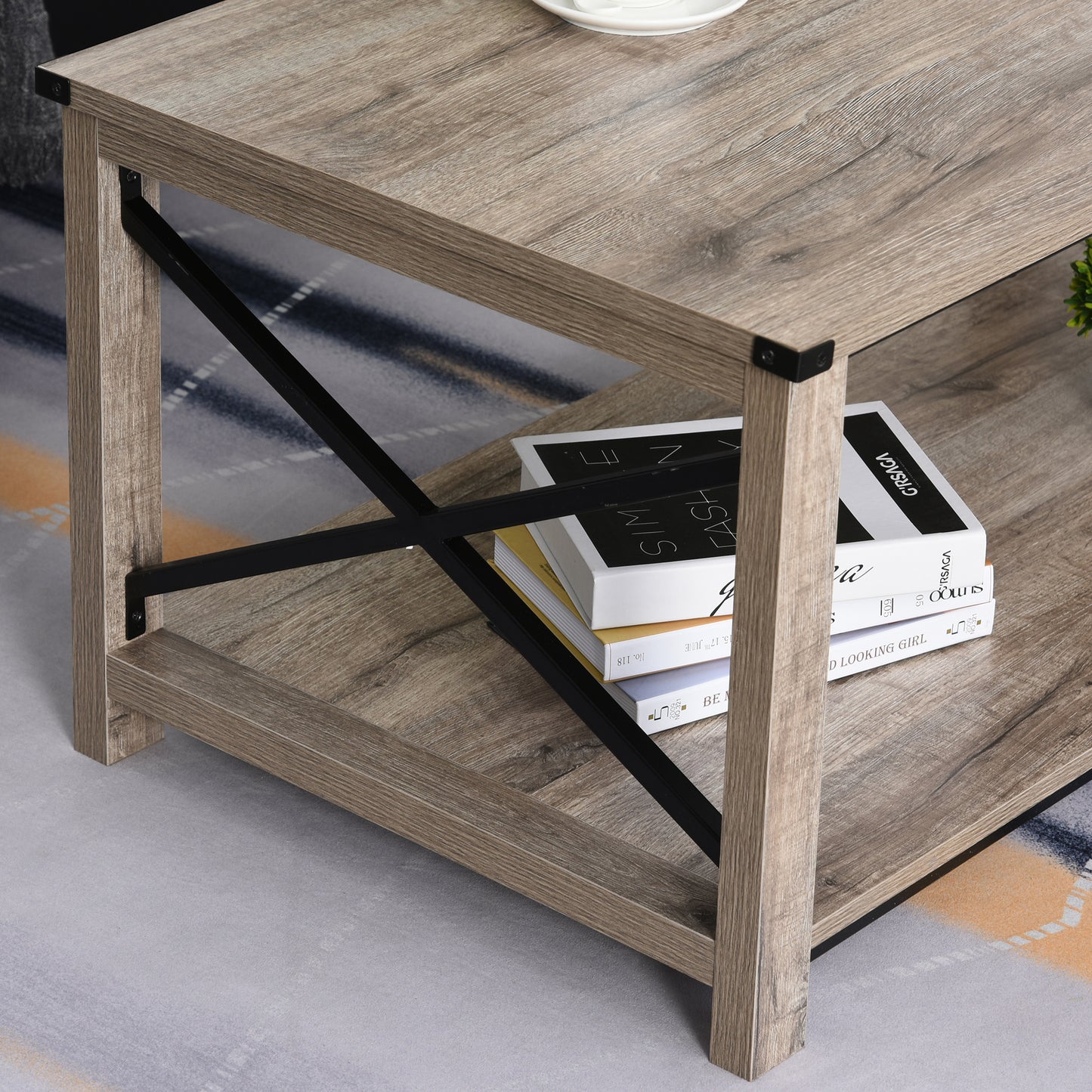 Coffee Table with X-Bar Storage Shelf, Oak