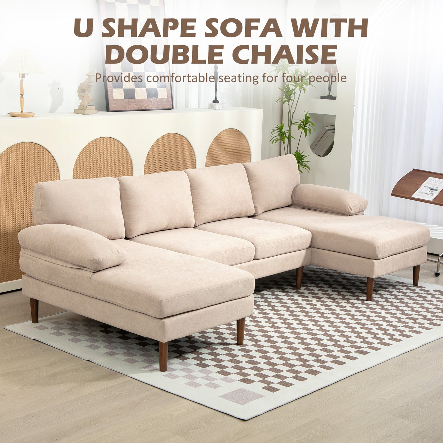 U-Shaped Sectional Sofa with Double Chaise Lounge, Beige