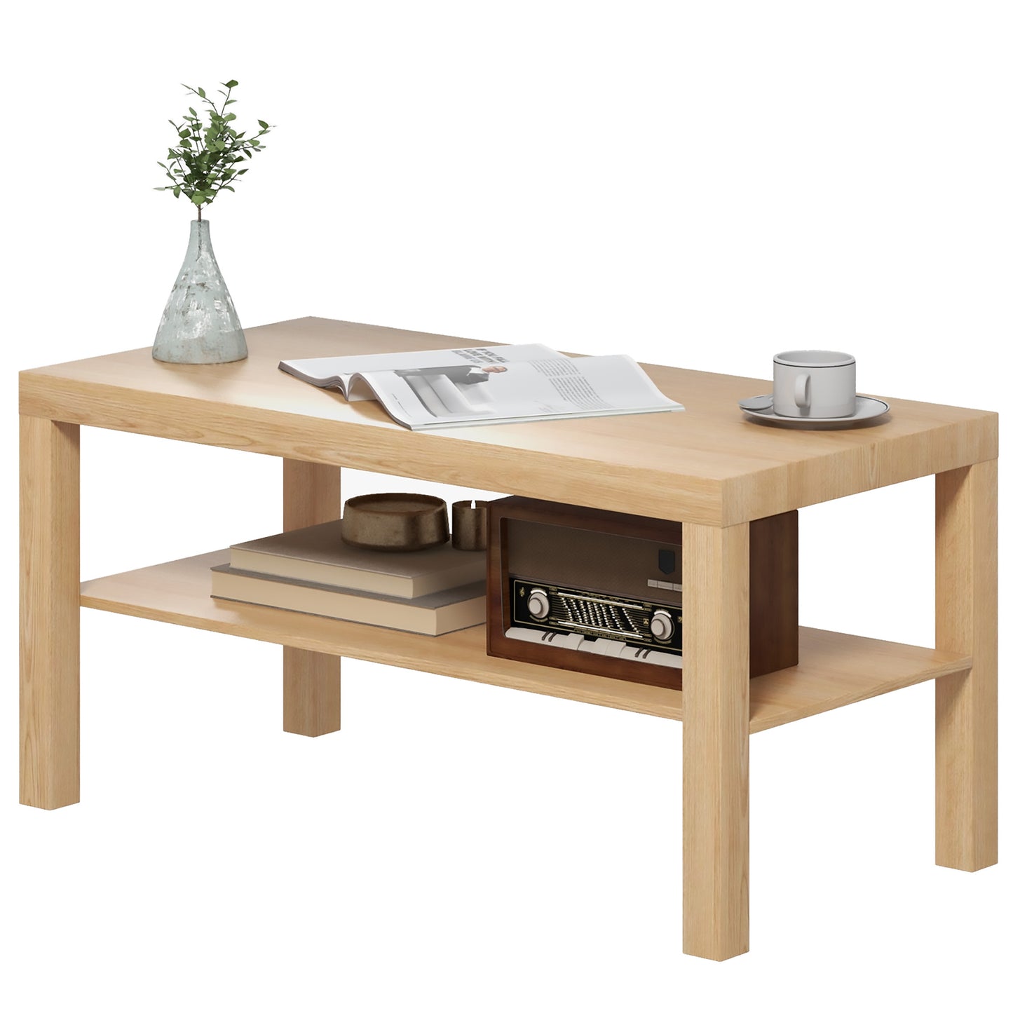 Rectangular Coffee Table with Storage Shelf - Natural Wood