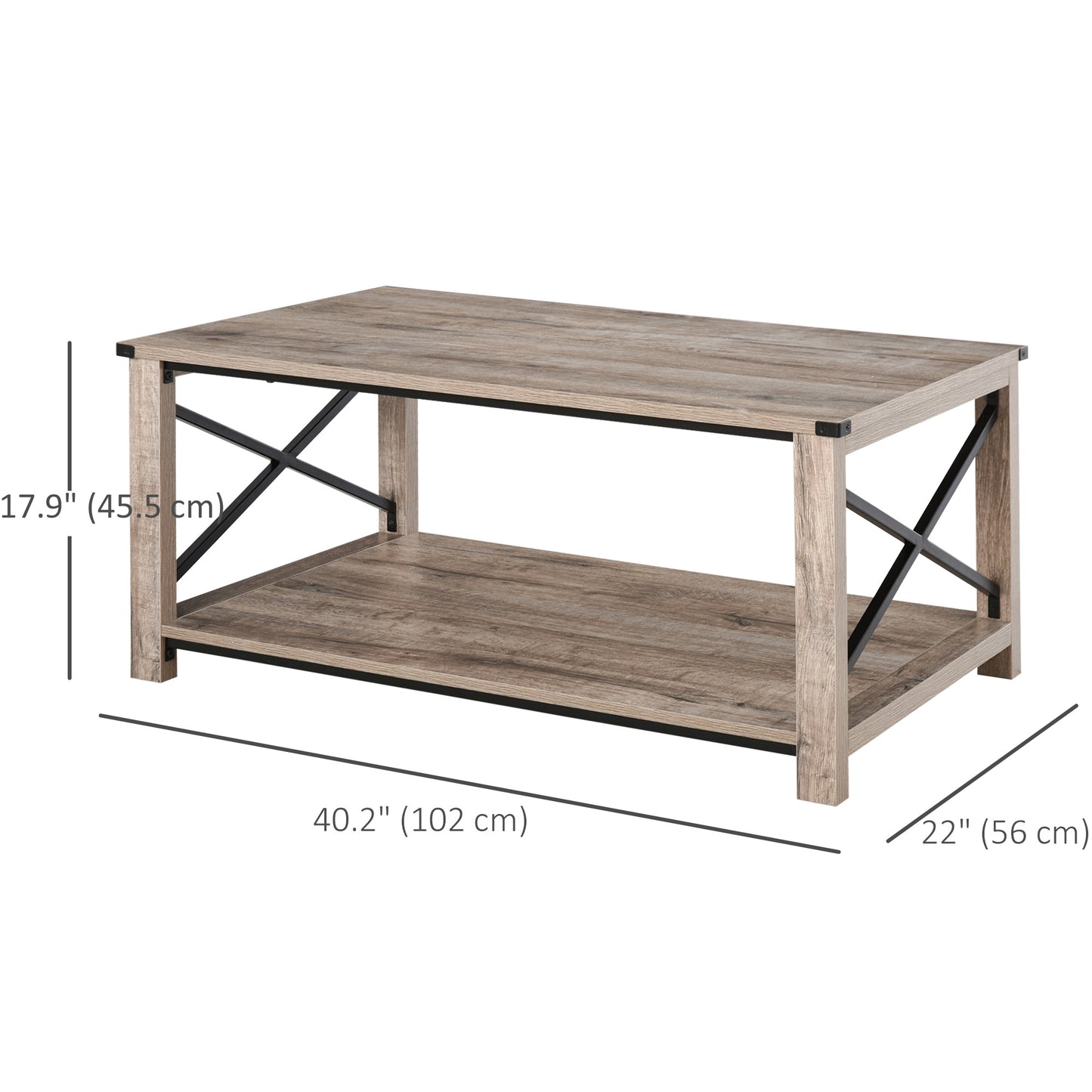 Coffee Table with X-Bar Storage Shelf, Oak