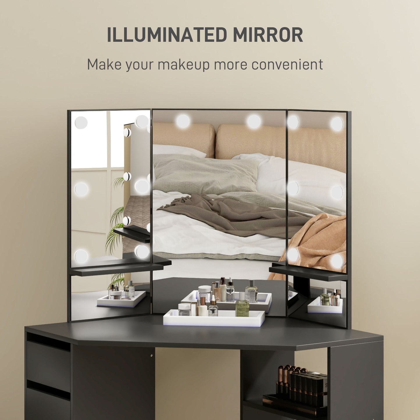 Corner Makeup Vanity with Triple Mirror and LED Lights