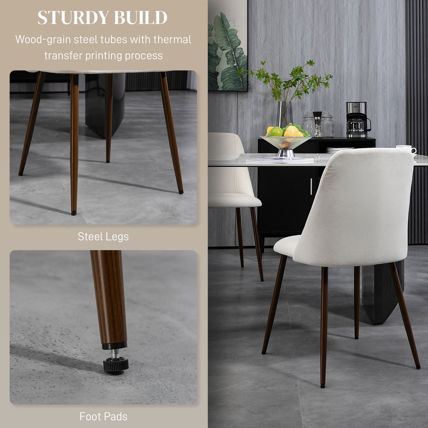 Velvet Upholstered Dining Chairs with Wood Grain Steel Legs, Cream White (Set of 4)