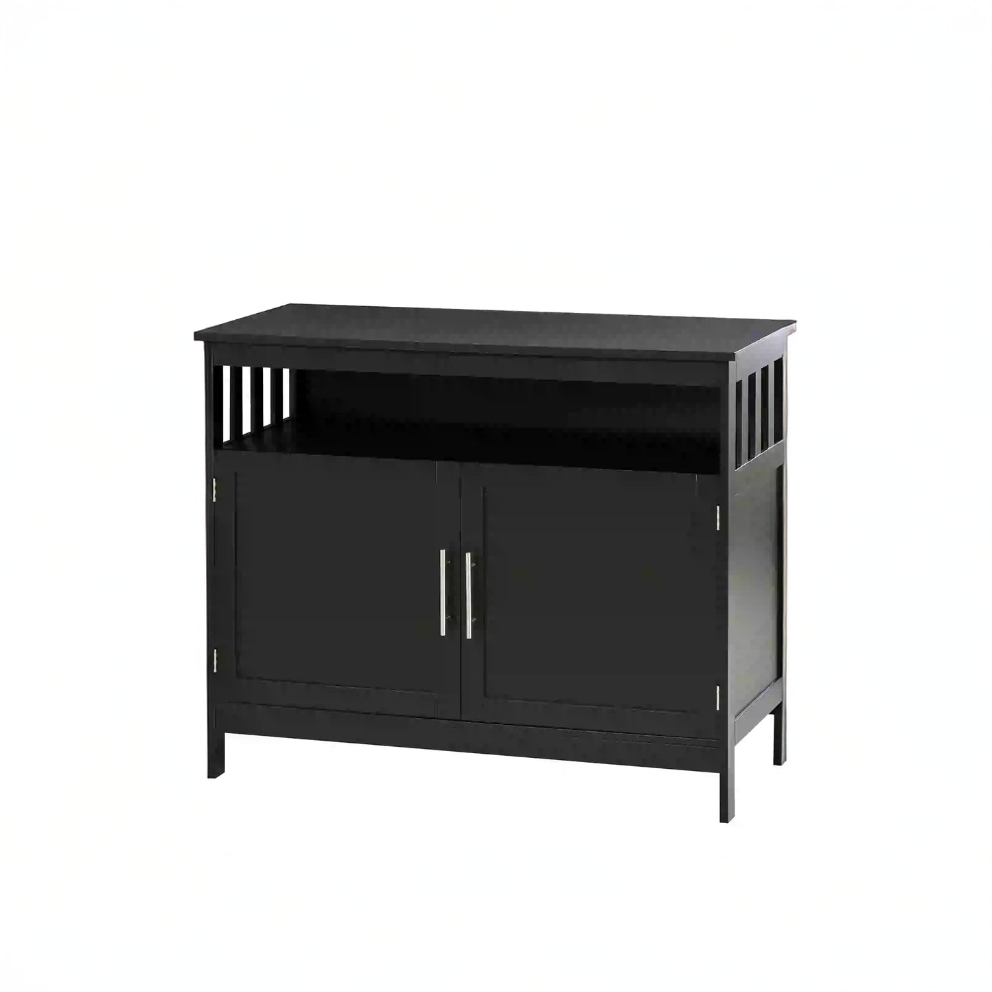 39" Wooden Console Table with Cabinet and Open Shelf, Black
