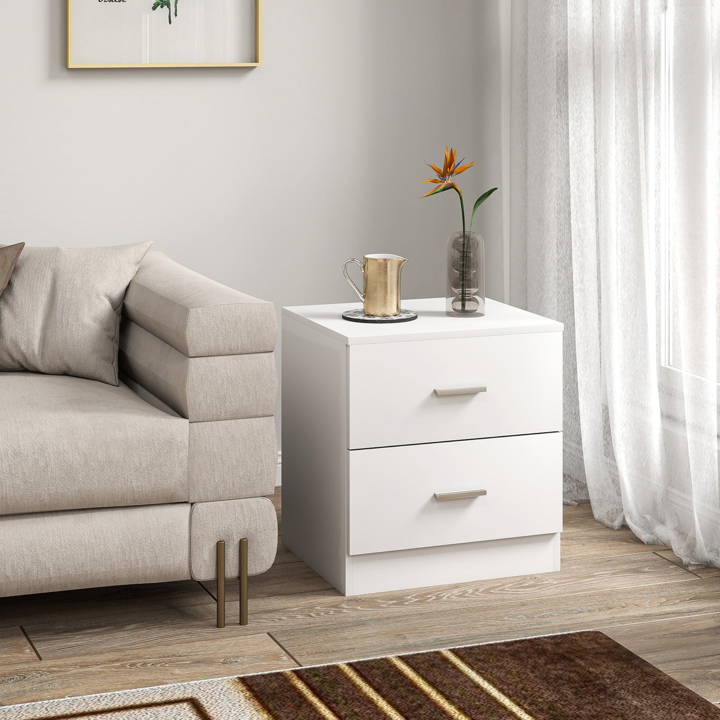 Modern Bedside Table with 2 Storage Drawers, White