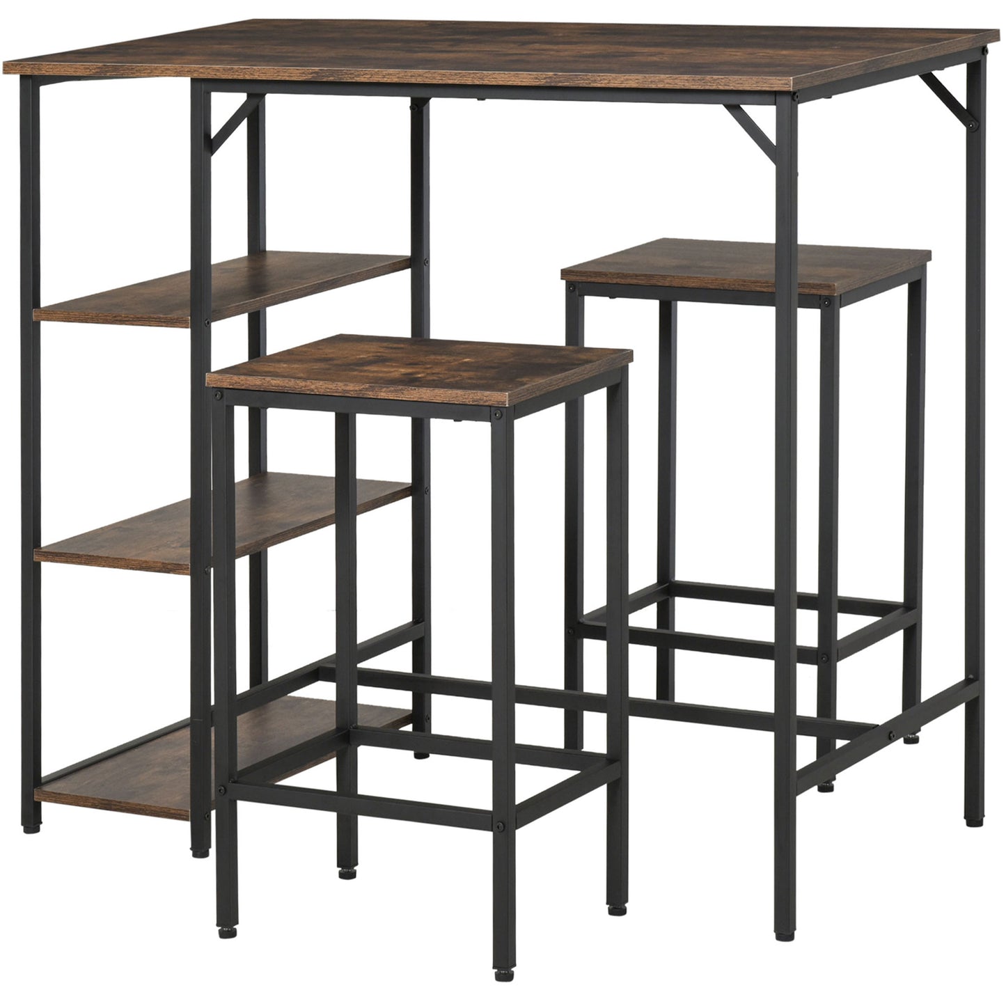 Industrial Bar Table Set with 2 Stools and Storage Shelf