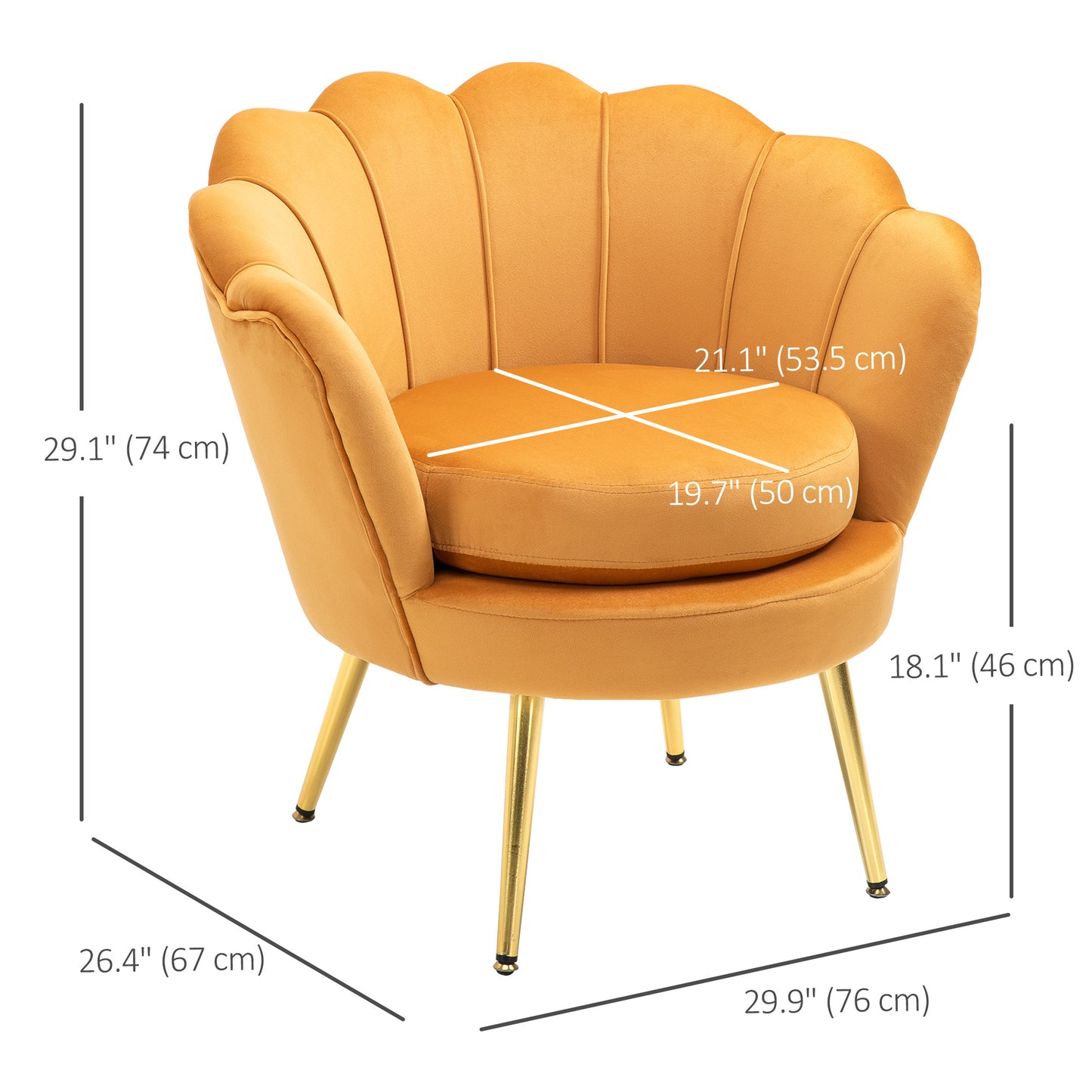 Modern Velvet Accent Chair with Lotus Backrest and Gold Legs, Yellow