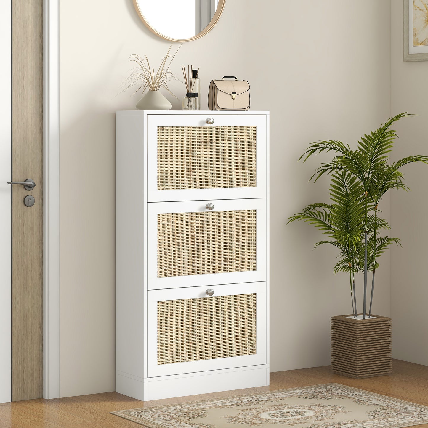 Rattan Front Shoe Cabinet with 3 Flip Drawers for 18 Pairs, White