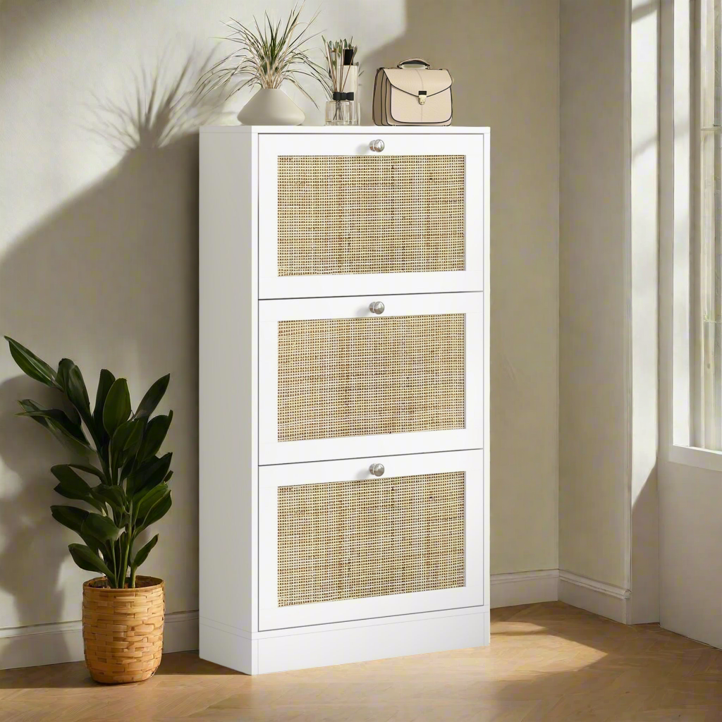 Rattan Front Shoe Cabinet with 3 Flip Drawers for 18 Pairs, White