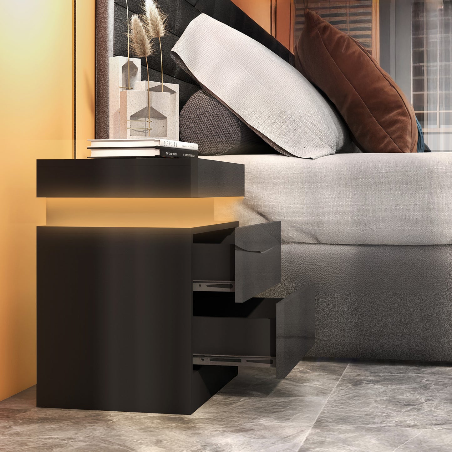 LED Nightstand with Remote Control and 2 Drawers, Black
