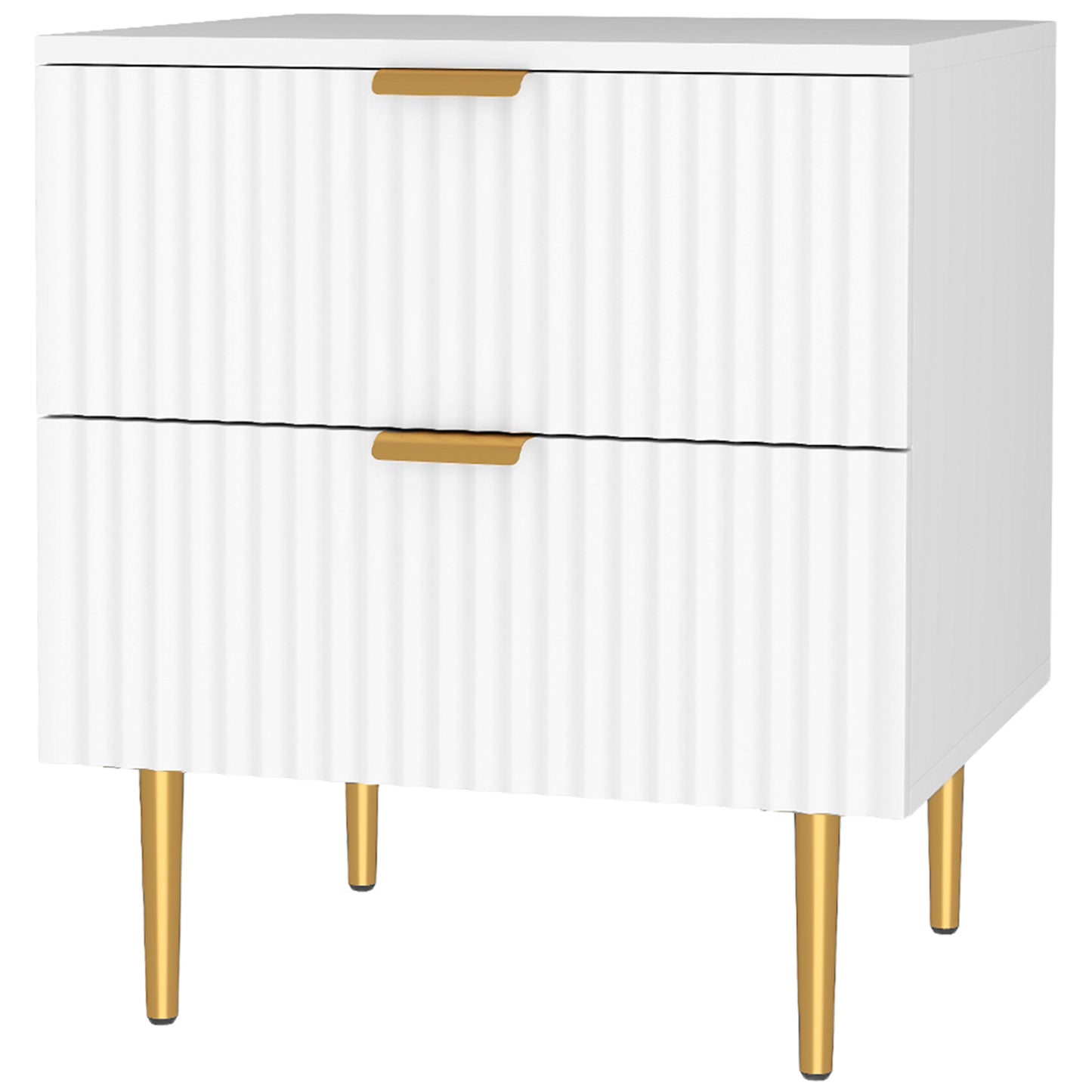 Modern Nightstand with Gold Finger Pulls and Fluted Drawers, White