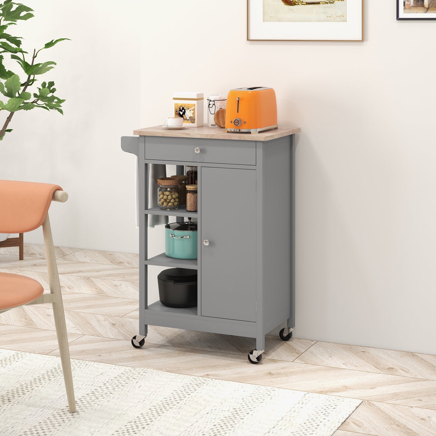 Modern Rolling Kitchen Island Cart with Natural Wood Top, Grey