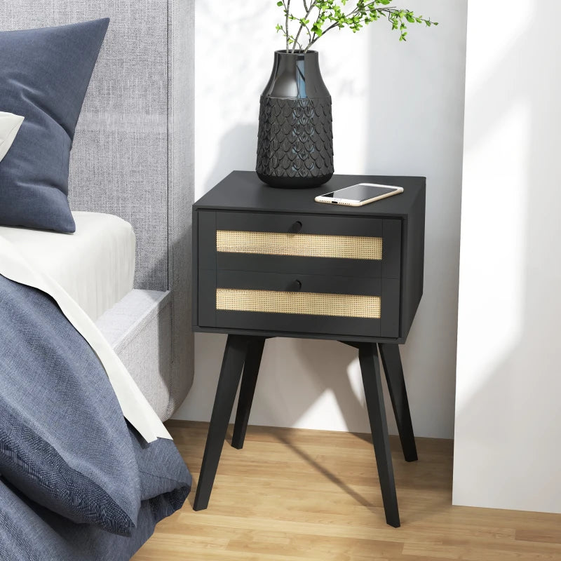 Boho Square Nightstands with 2 Rattan Drawers, Black (Set of 2)