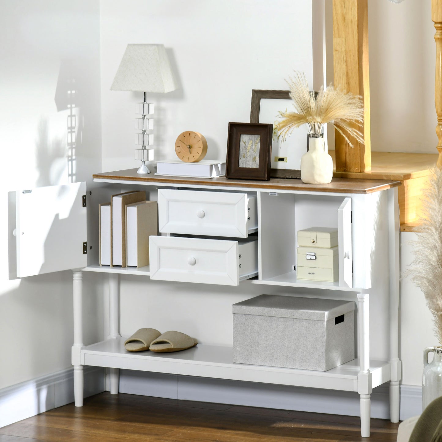45" Vintage Console Table with Drawers and Cabinets, White