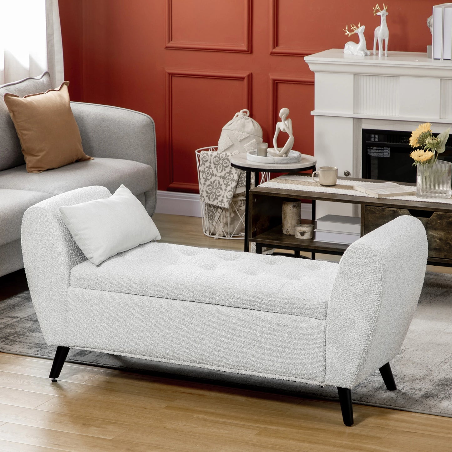 Upholstered Storage Bench with Arms, Light Gray