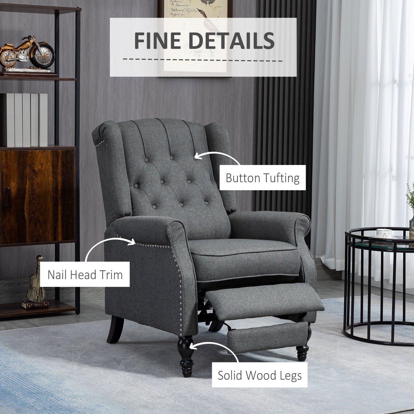 Manual Reclining Chair with Button Tufted Backrest, Dark Grey