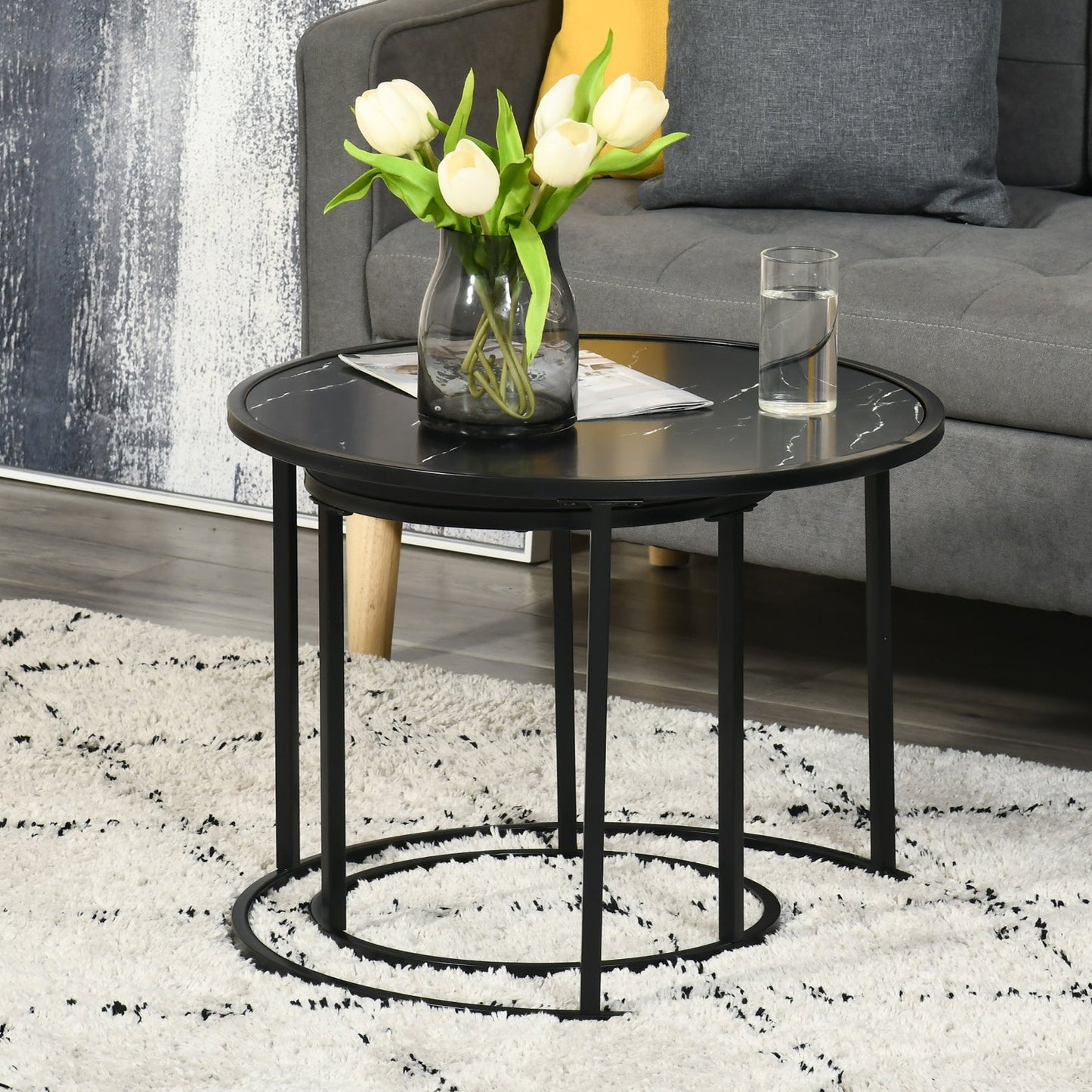 Black Round Nesting Coffee Tables with Faux Marble Top