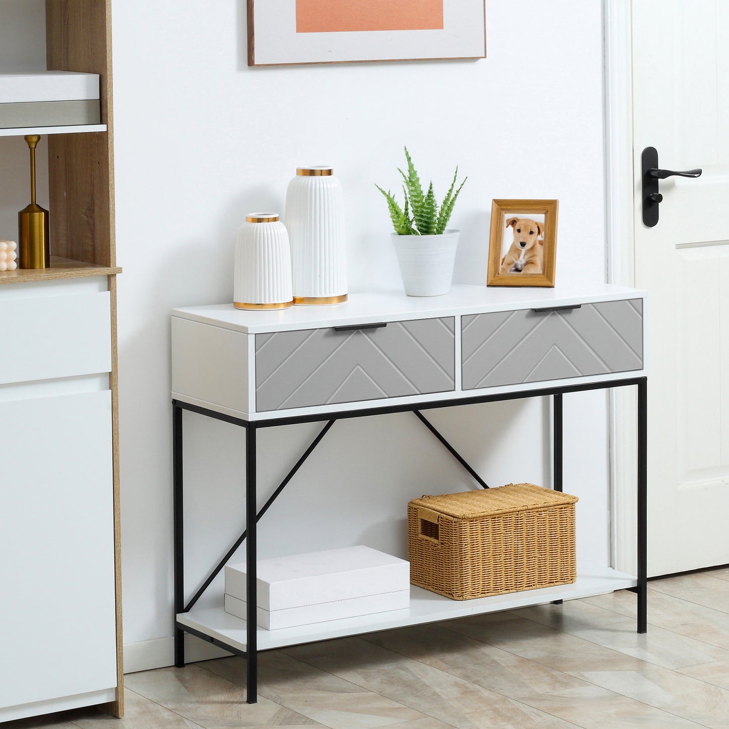 39" Modern Console Table with Herringbone Pattern Drawers, White