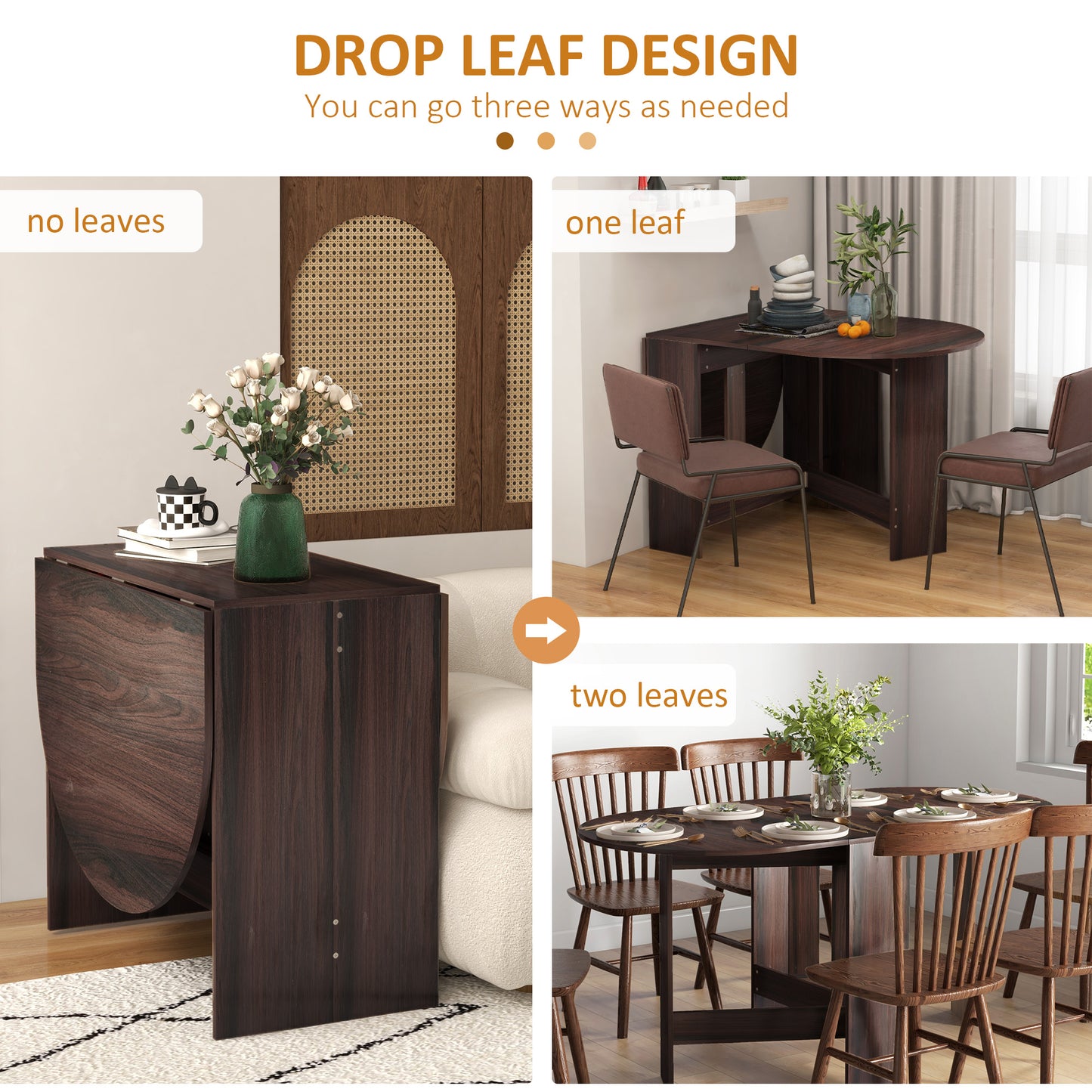 Oval Drop Leaf Dining Table with Space-Saving Design for Up to 6 People, Distressed Brown