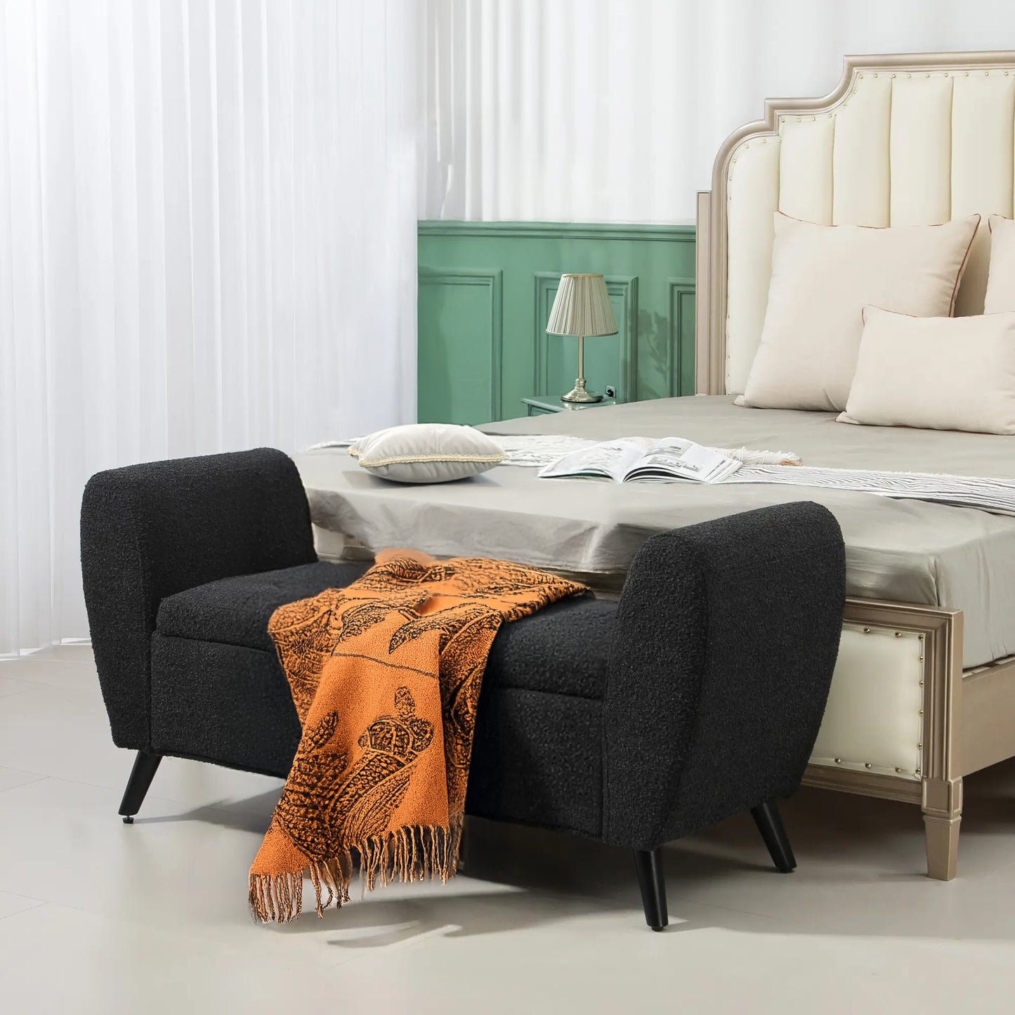 Upholstered Storage Bench with Arms, Black