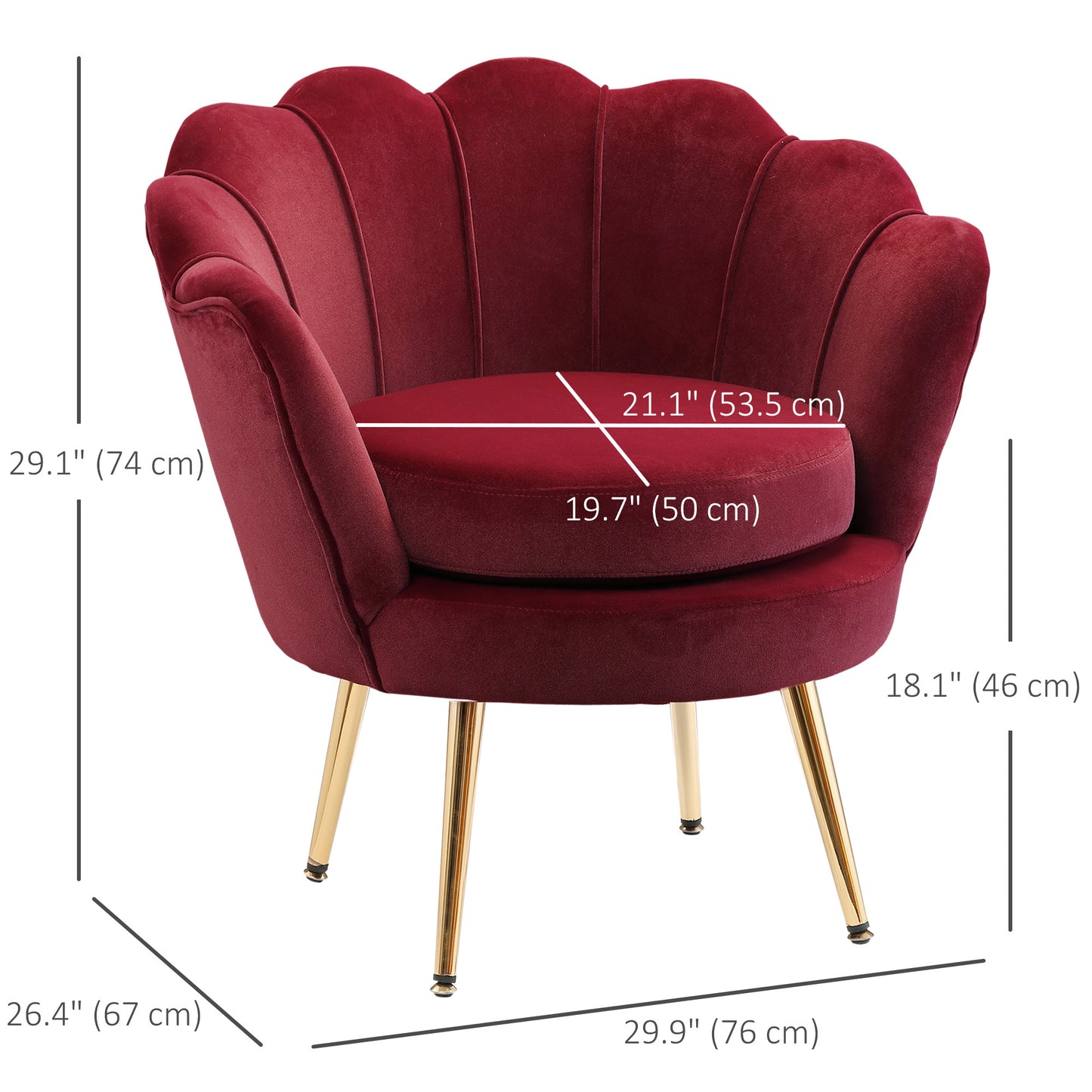 Modern Velvet Accent Chair with Lotus Backrest and Gold Legs, Wine Red